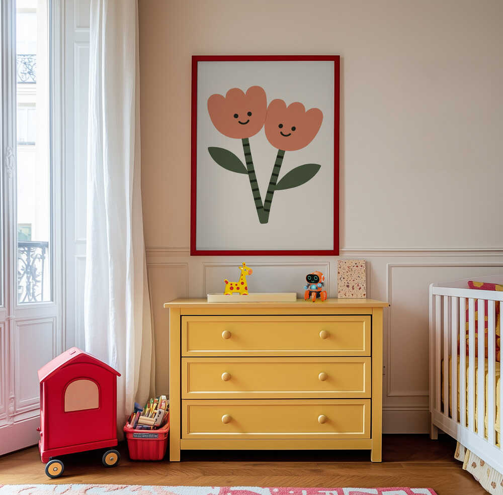 Framed poster with two happy flowers hanging on the wall in the nursery.