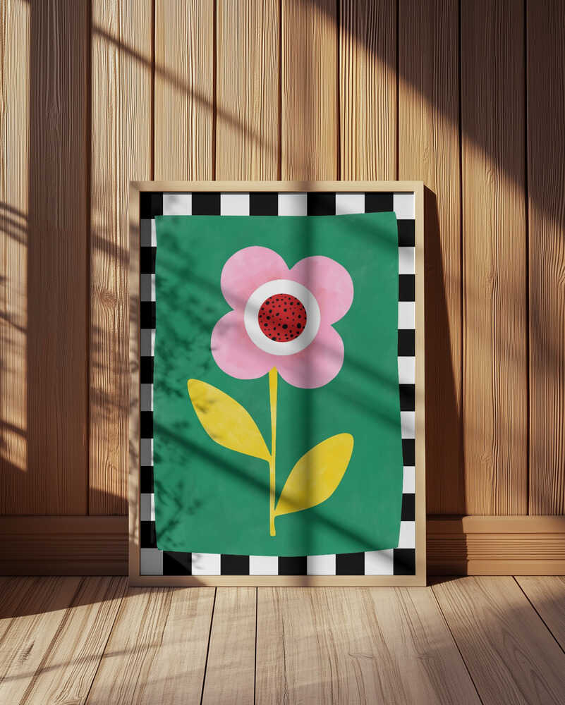 Poster of a big pink, red, white and yellow flower on a green background and white and black stripes surrounding it like a frame