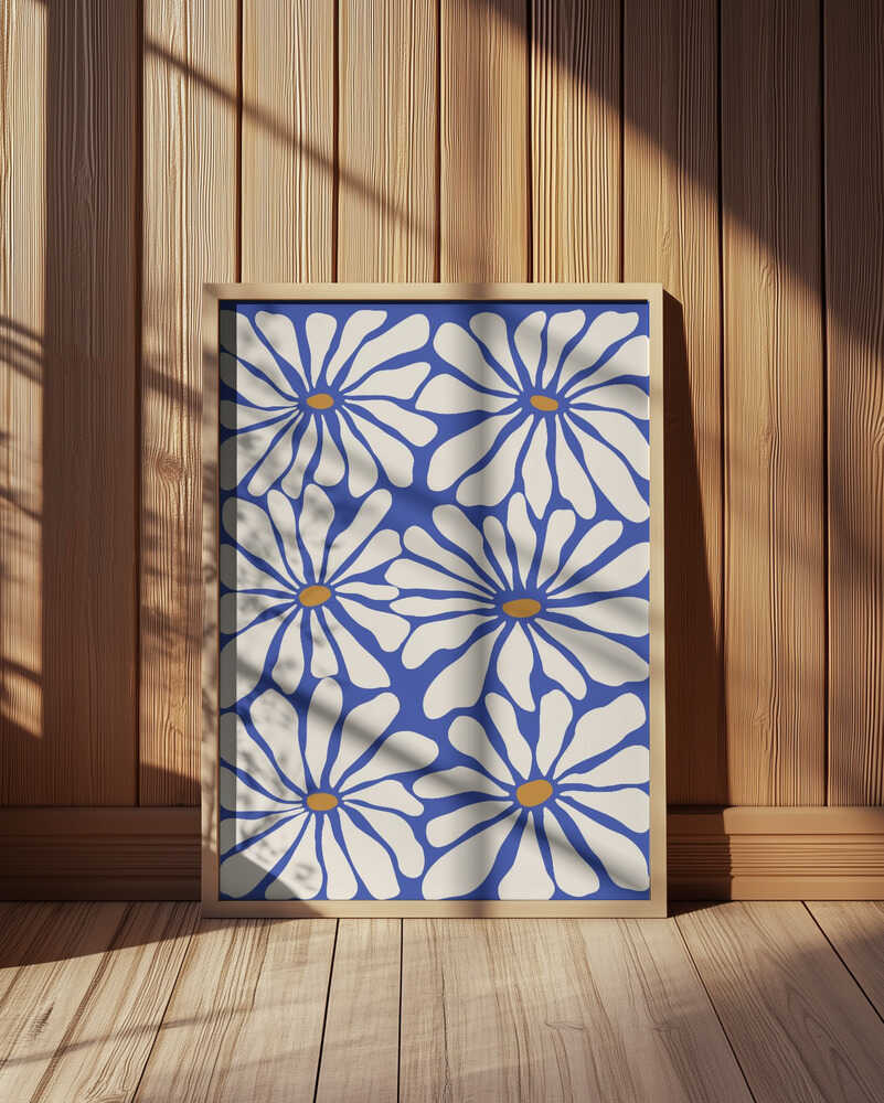 Framed poster of big white flowers on a blue background