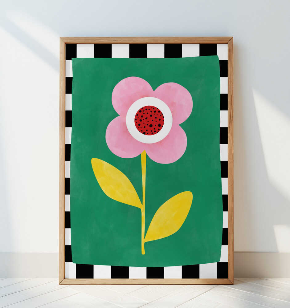 Children's poster of a big pink, red, white and yellow flower on a green background and white and black stripes surrounding it like a frame