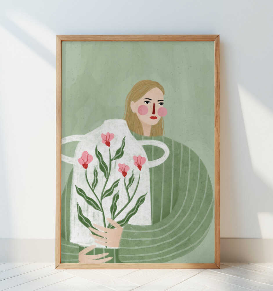 Framed poster of a women in green holding a big white vase filled with flowers on a green background