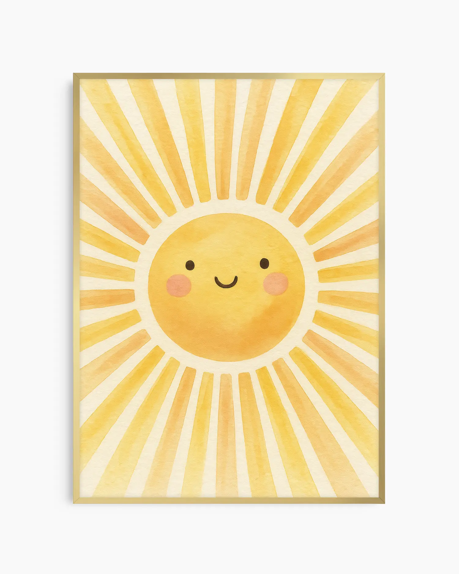 Children's poster of a sun with a smiling face on a yellow background framed in a golden aluminium frame.