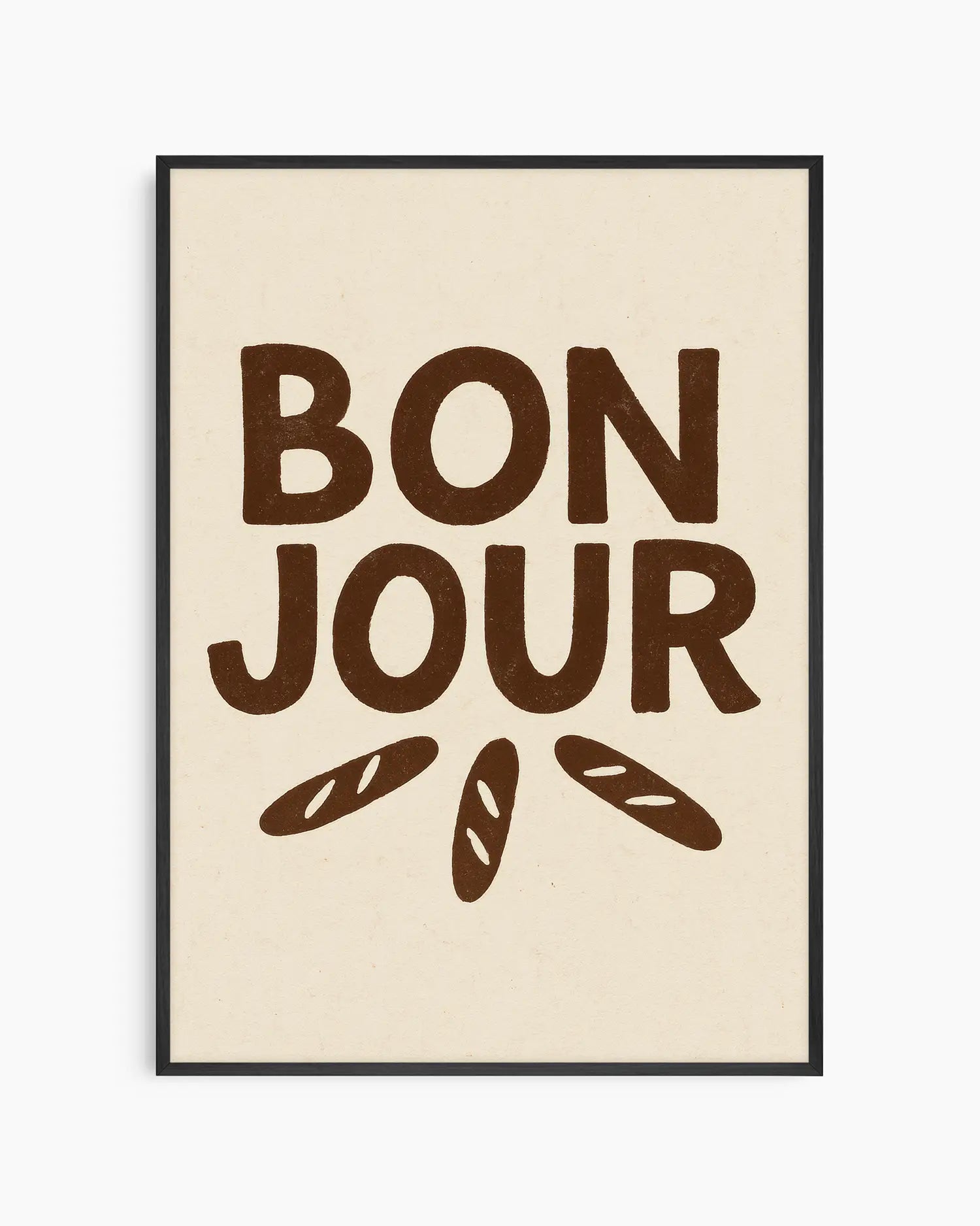 Beige poster with 'Bonjour' text and bread illustrations in brown framed in a black frame.