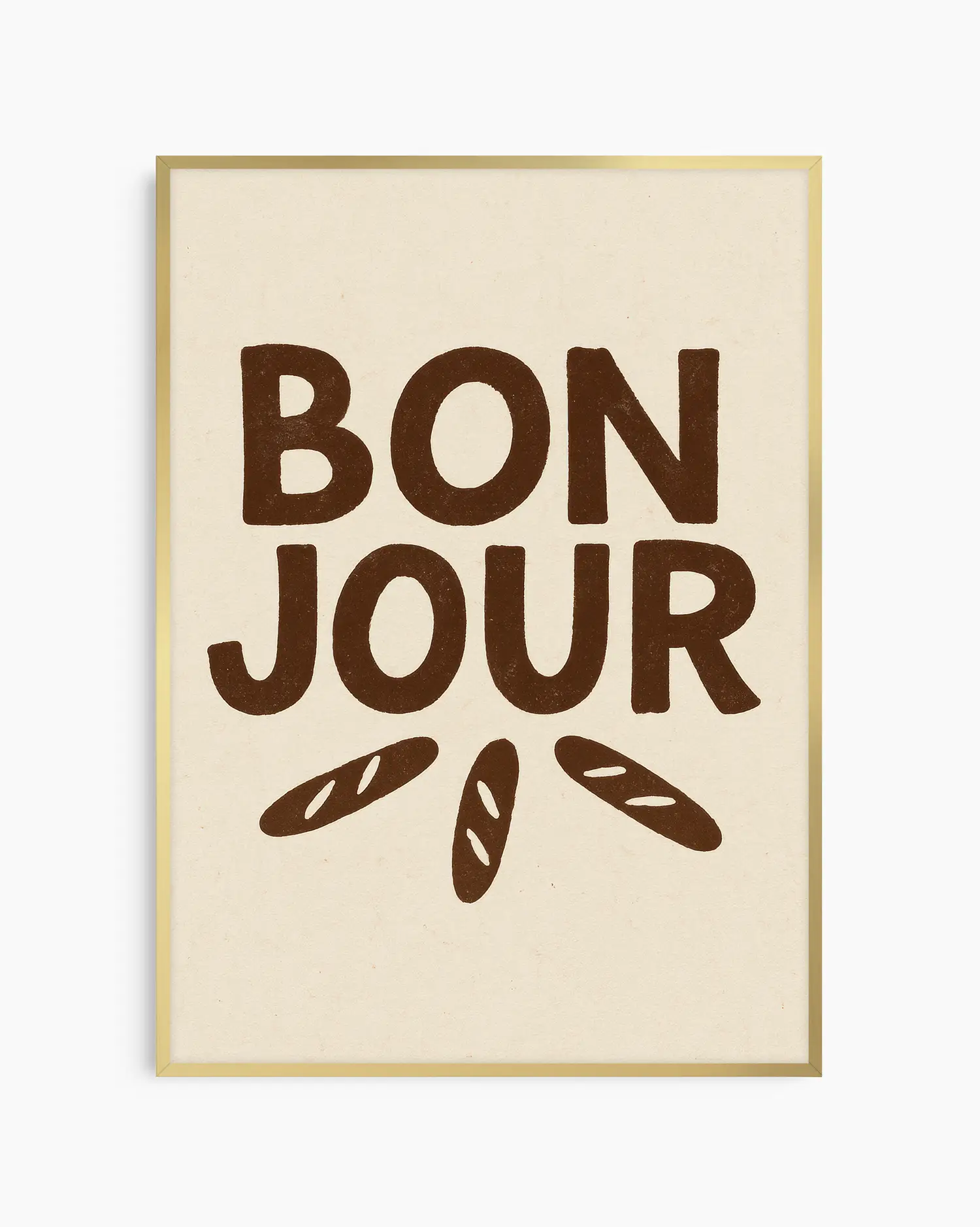 Beige poster with 'Bonjour' text and bread illustrations in brown framed in a gold frame.