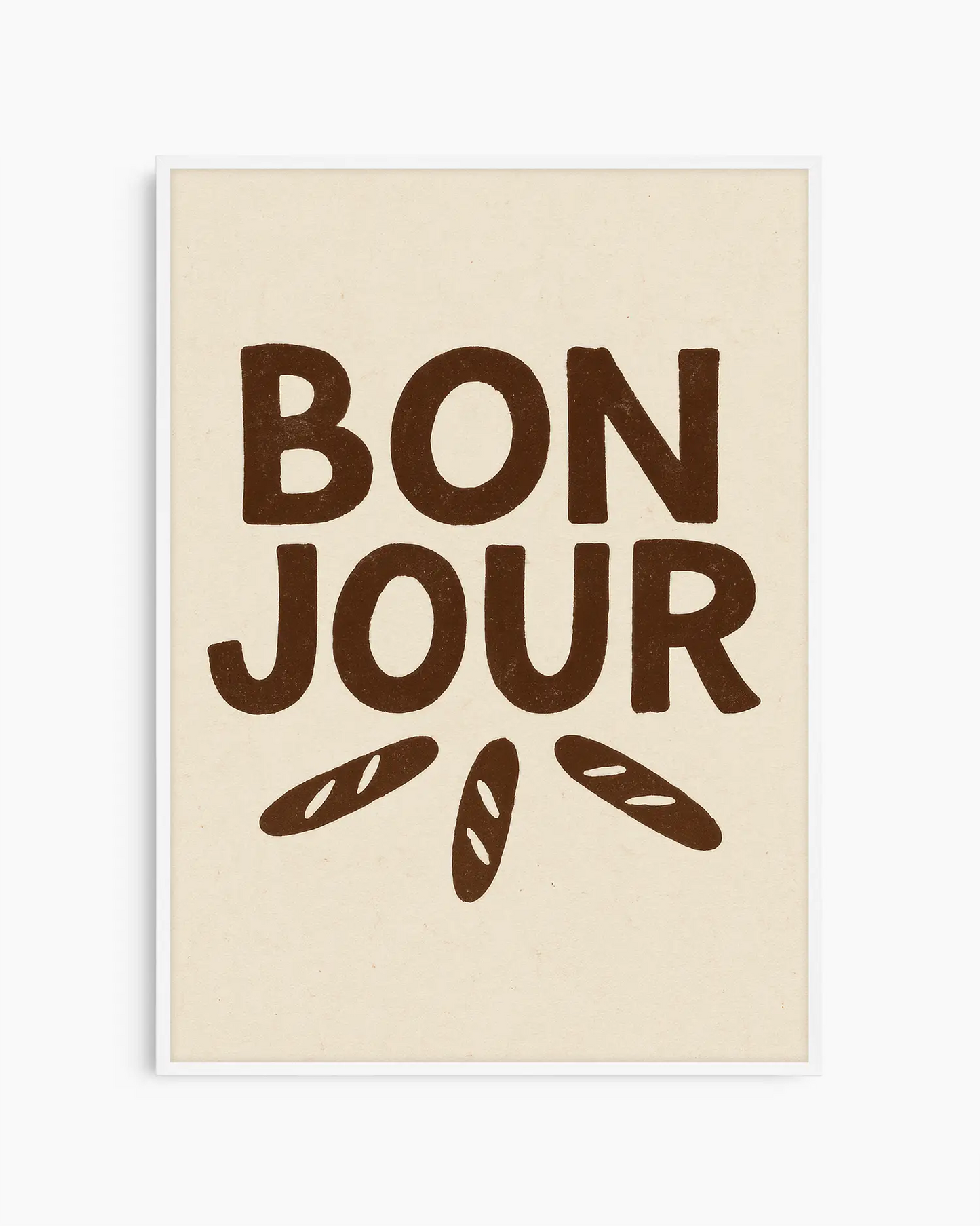 Beige poster with 'Bonjour' text and bread illustrations in brown framed in a white frame.