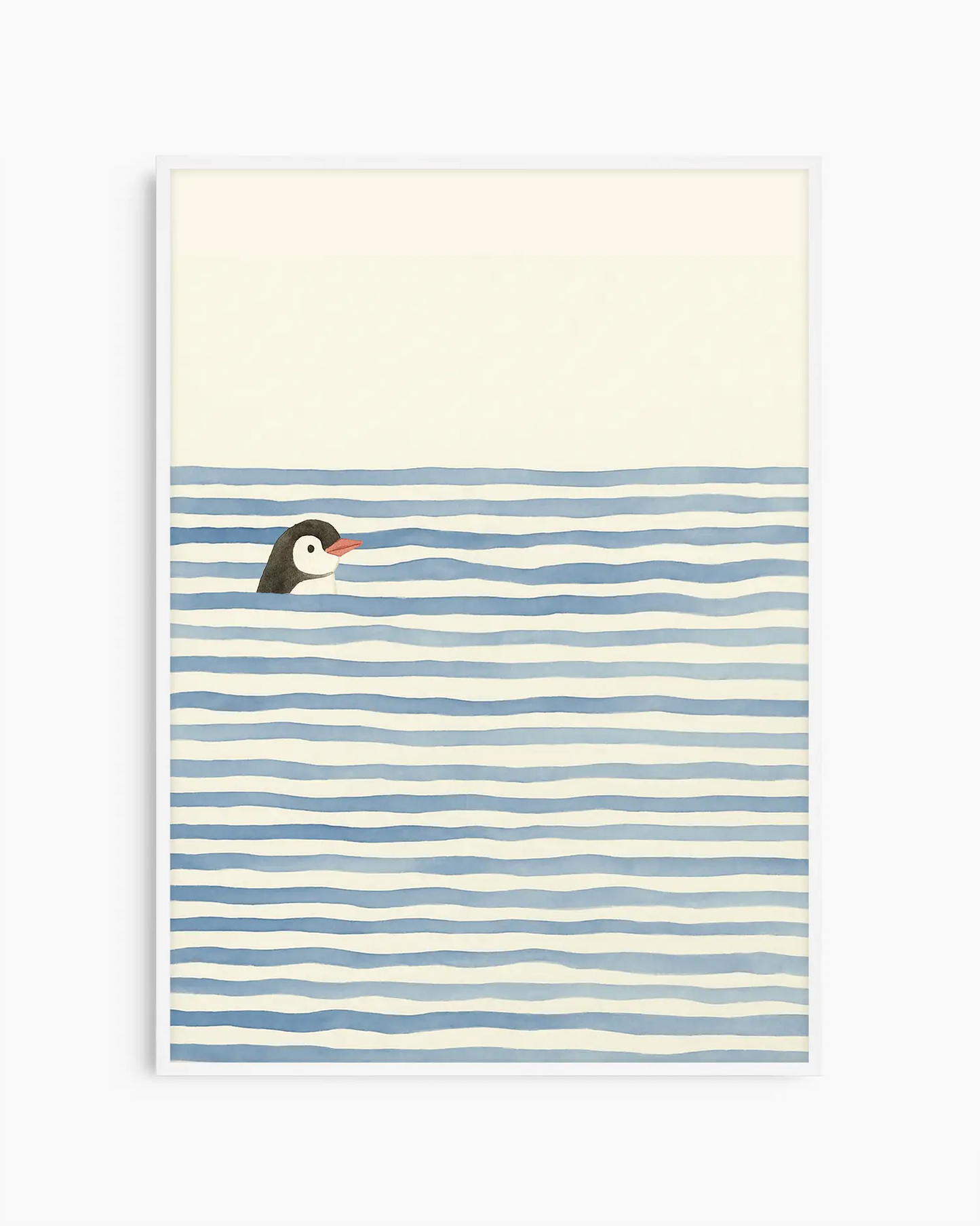 Children's poster of a swimming penguin with a white frame.