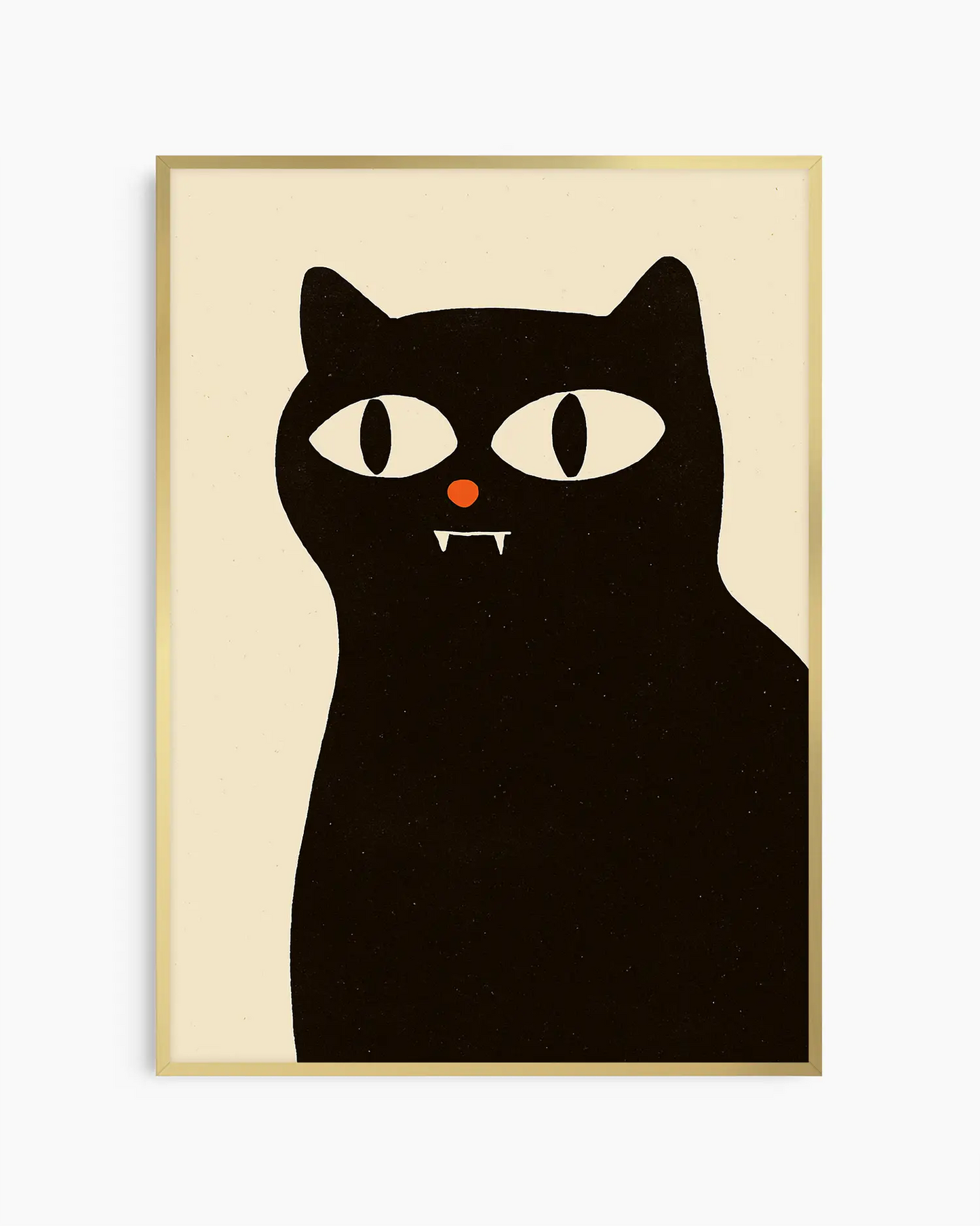 Illustration of a black vampire cat with a red nose on a beige background framed in a gold frame