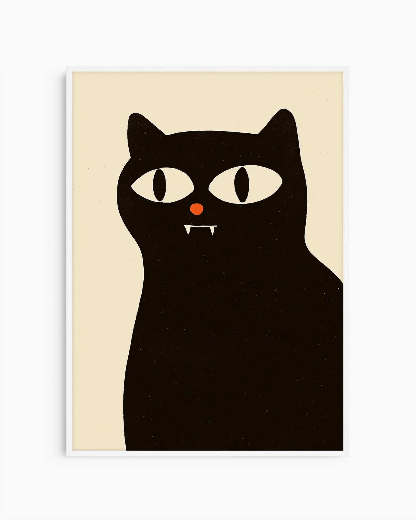 Illustration of a black vampire cat with a red nose on a beige background framed in a white frame