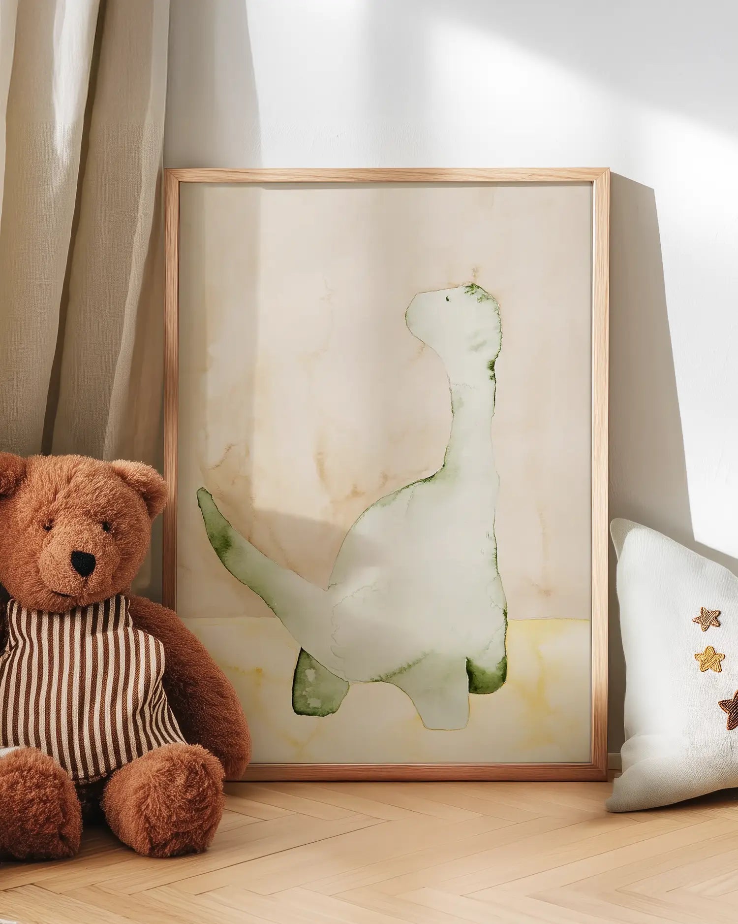 Artwork of a dinosaur next to a teddy bear on a wooden floor.