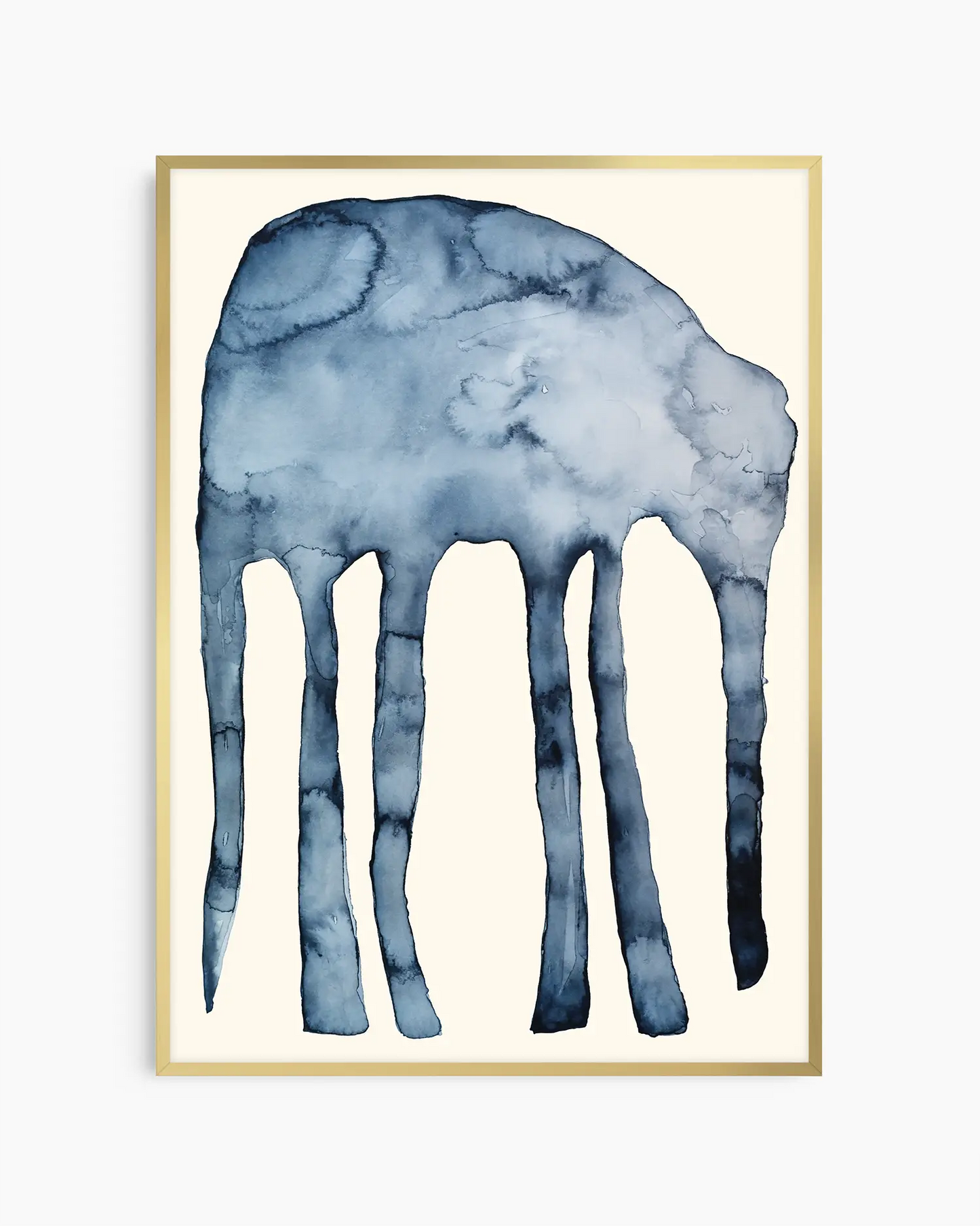 Framed blue watercolor painting of an elephant on a beige background 