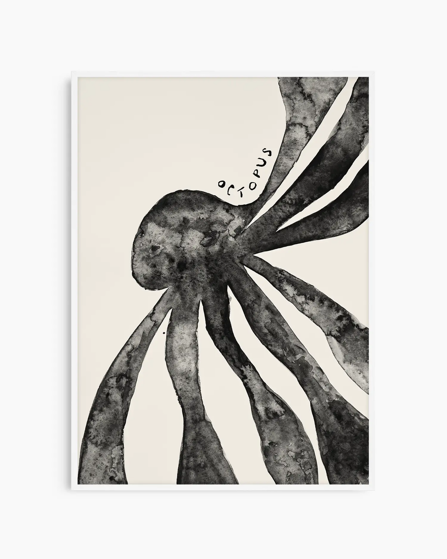 Black and white illustration of an octopus on a beige background inside of a white frame