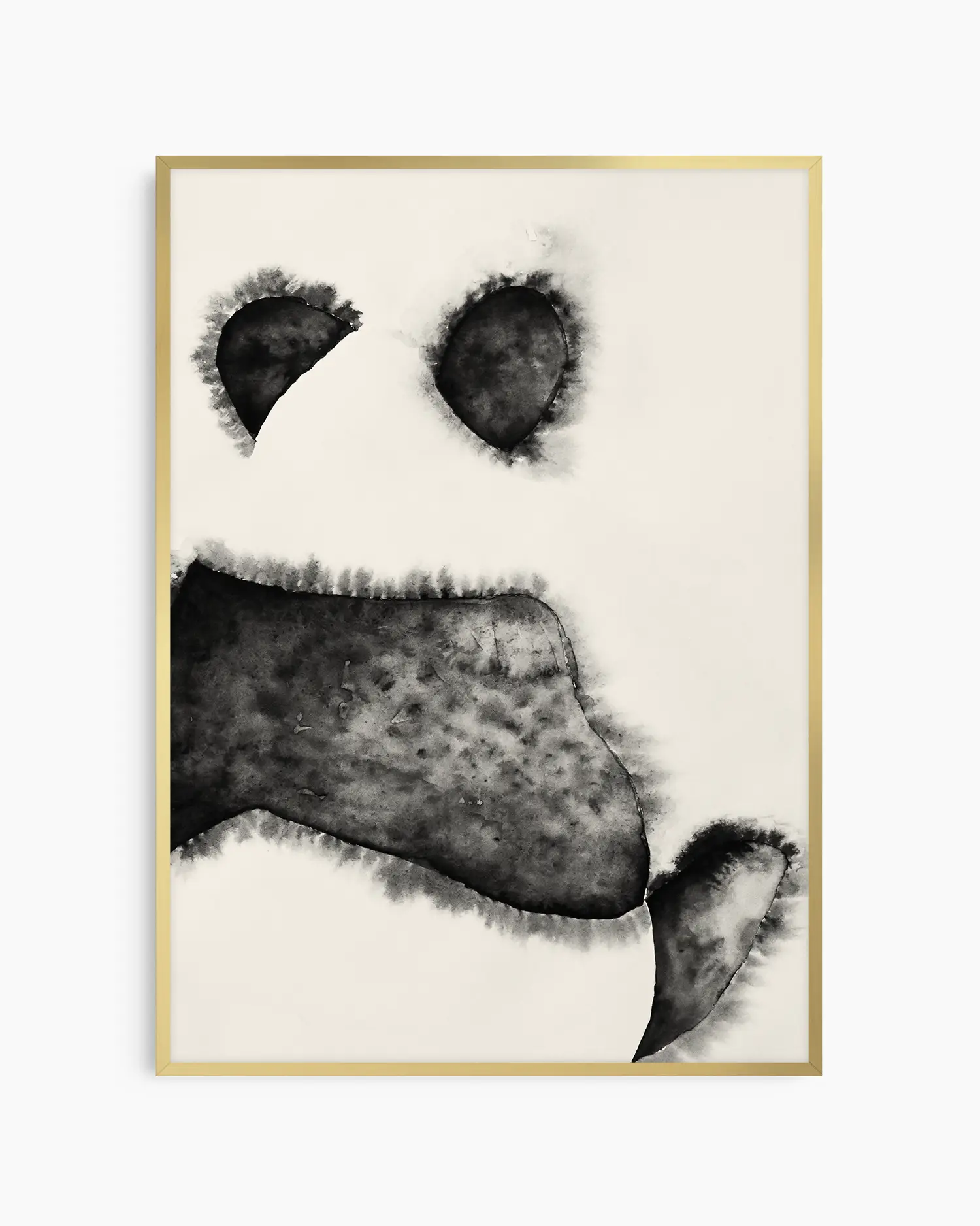 Black and white illustration of a panda bear's face on a beige background inside of a gold frame