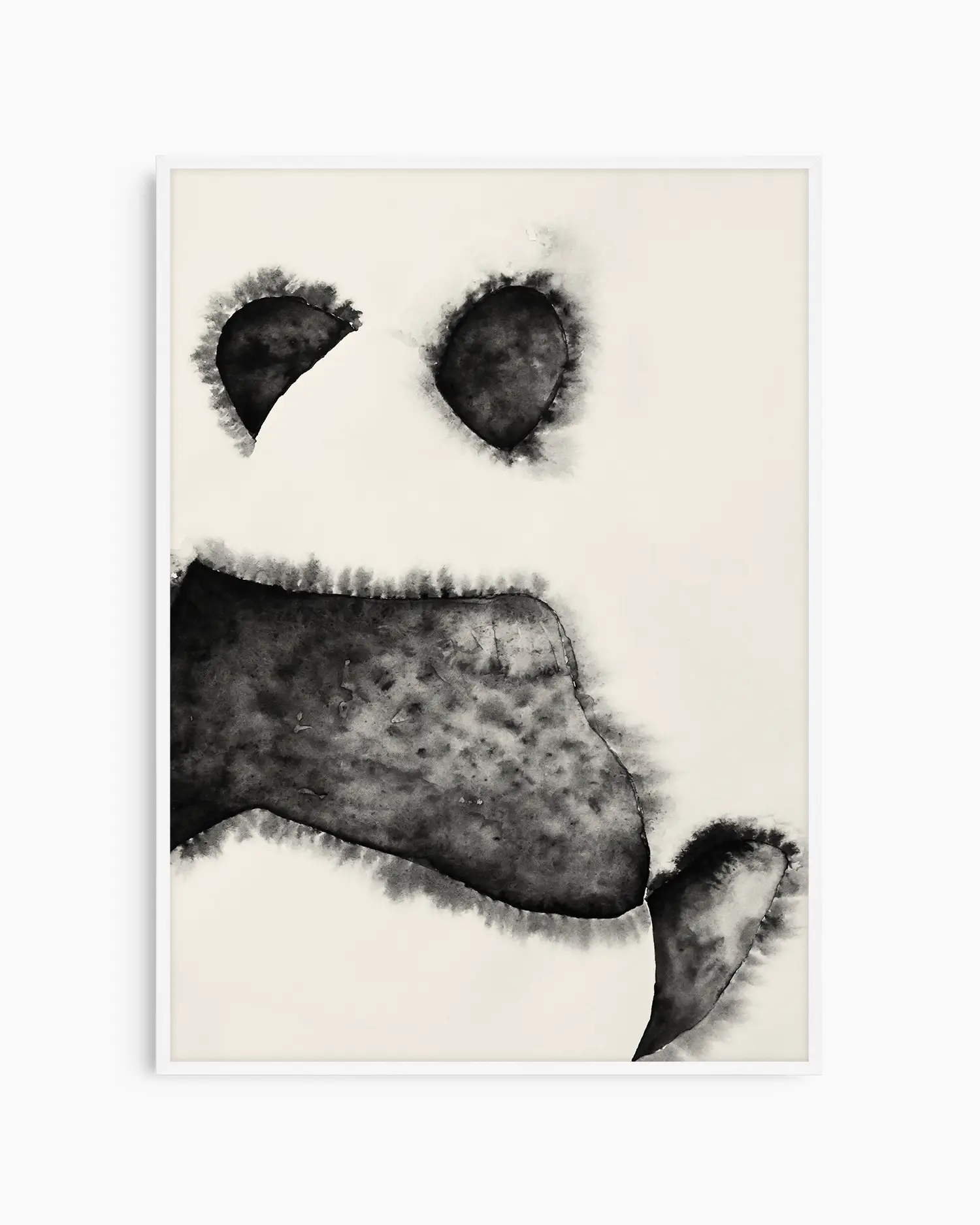 Black and white illustration of a panda bear's face on a beige background inside of a white frame