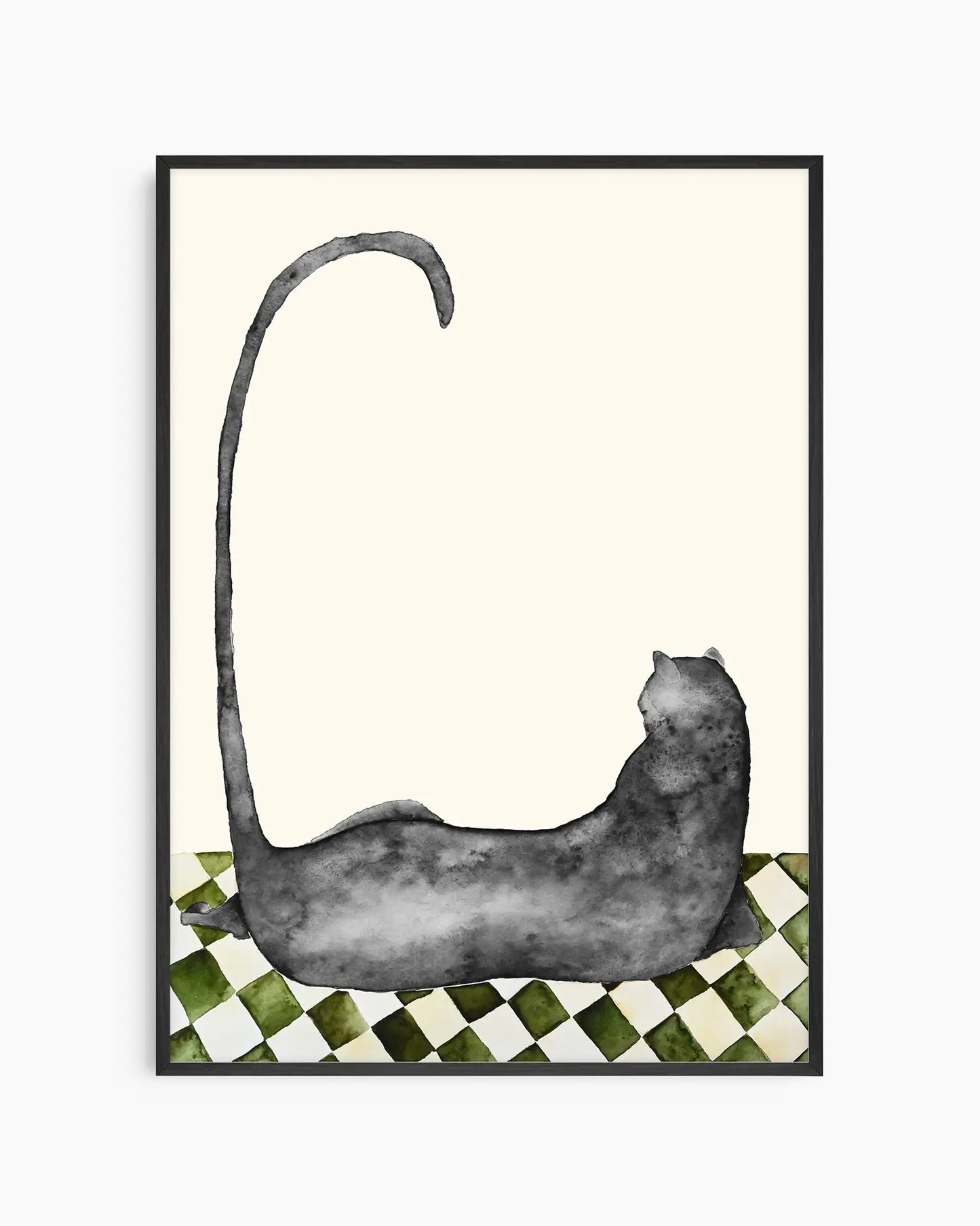 Illustration of a black cat lying on a checkered floor with a cream colored background framed in a black frame.