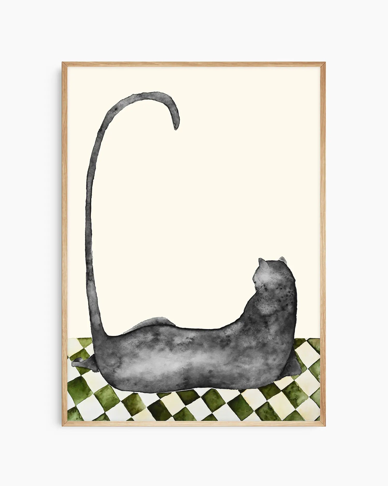 Illustration of a black cat lying on a checkered floor with a cream colored background framed in an oak frame.