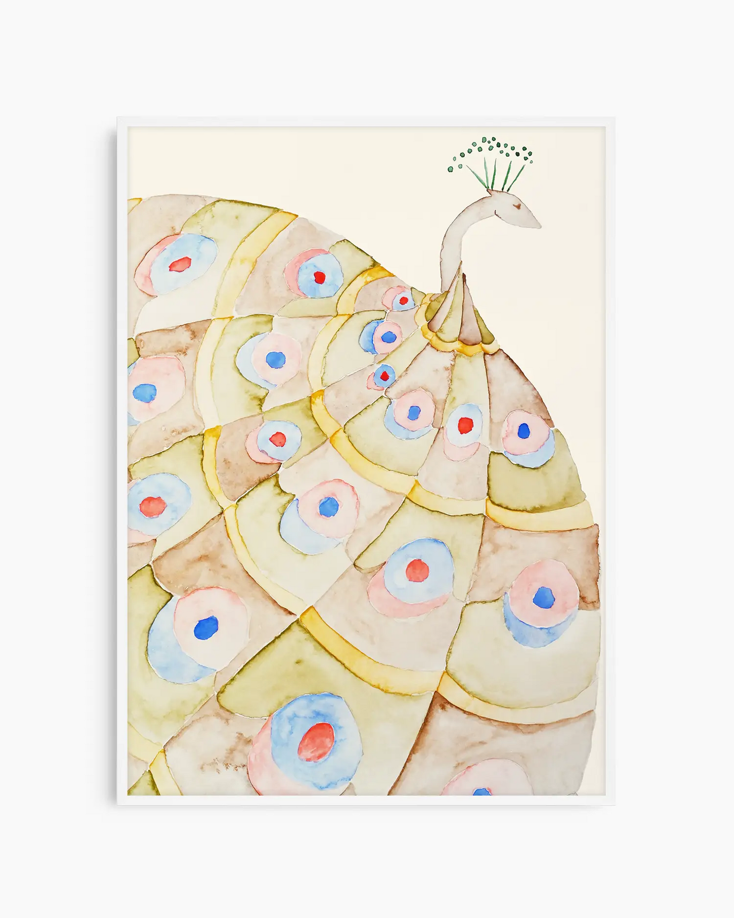 Nursery poster of a peacock inside of a white frame.