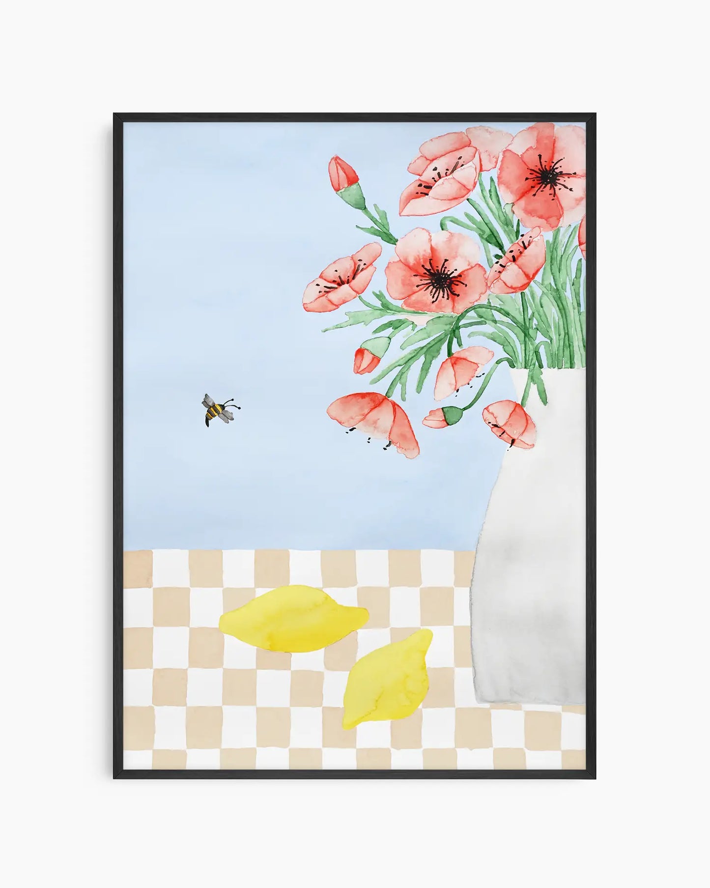 Nursery poster of red poppies in a white vase, a bee and two yellow lemons on a checkered table inside of a black frame.