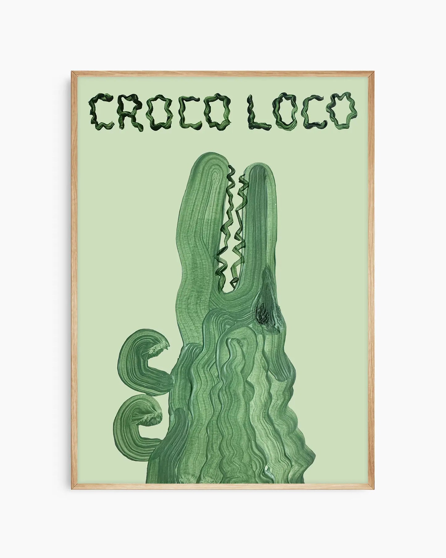 Green crocodile illustration with 'CROCO LOCO' text on a light green background in an oak frame.