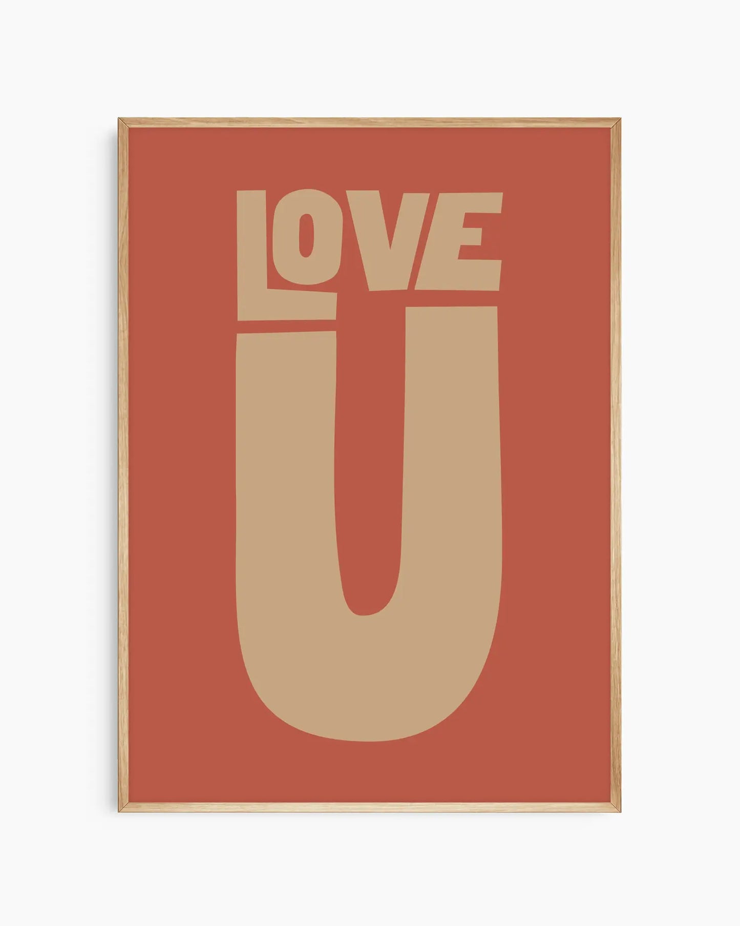 Red nursery poster with 'LOVE U' text framed in an oak frame.