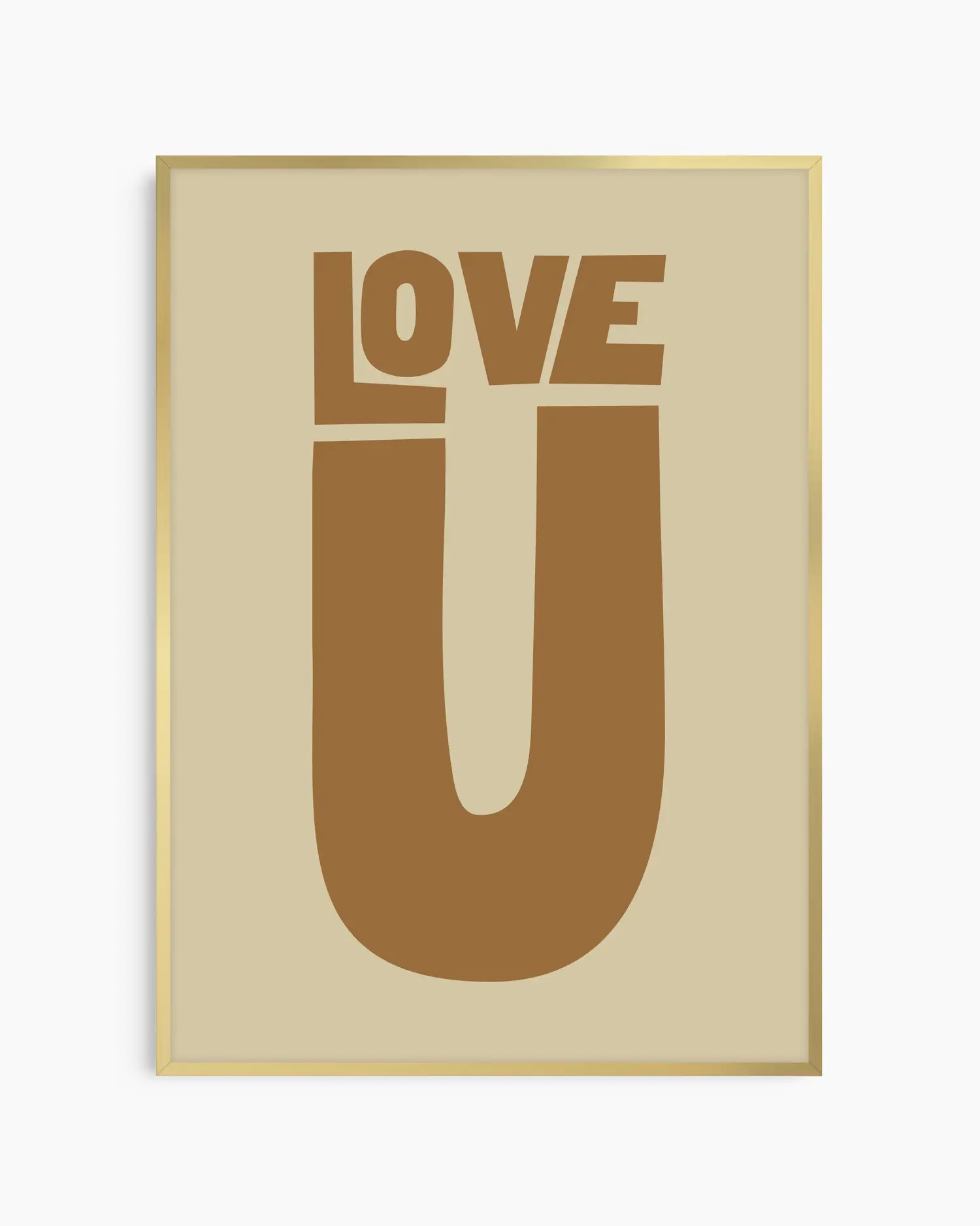 Beige nursery poster with 'LOVE U' text in brown on a beige background framed in a gold frame.