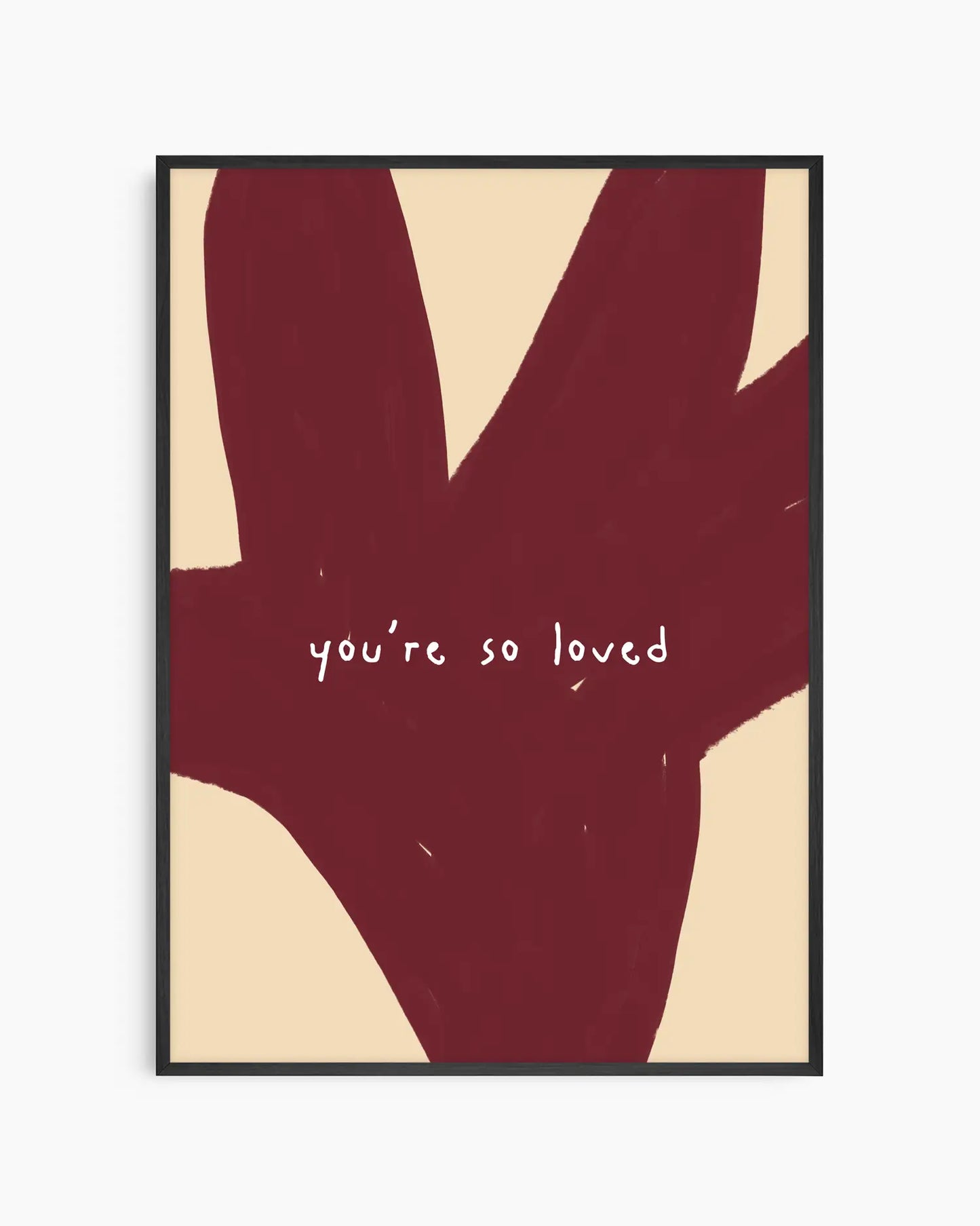 Red and beige nursery poster with the text 'you're so loved' framed in a black frame.
