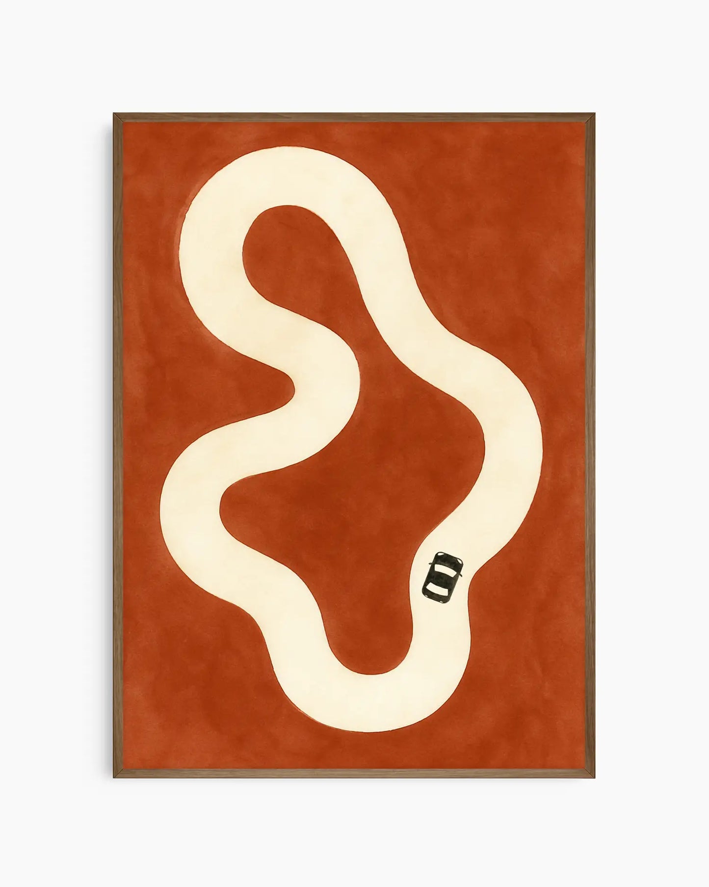 Nursery poster with a black car on a beige race track framed in a dark oak frame.