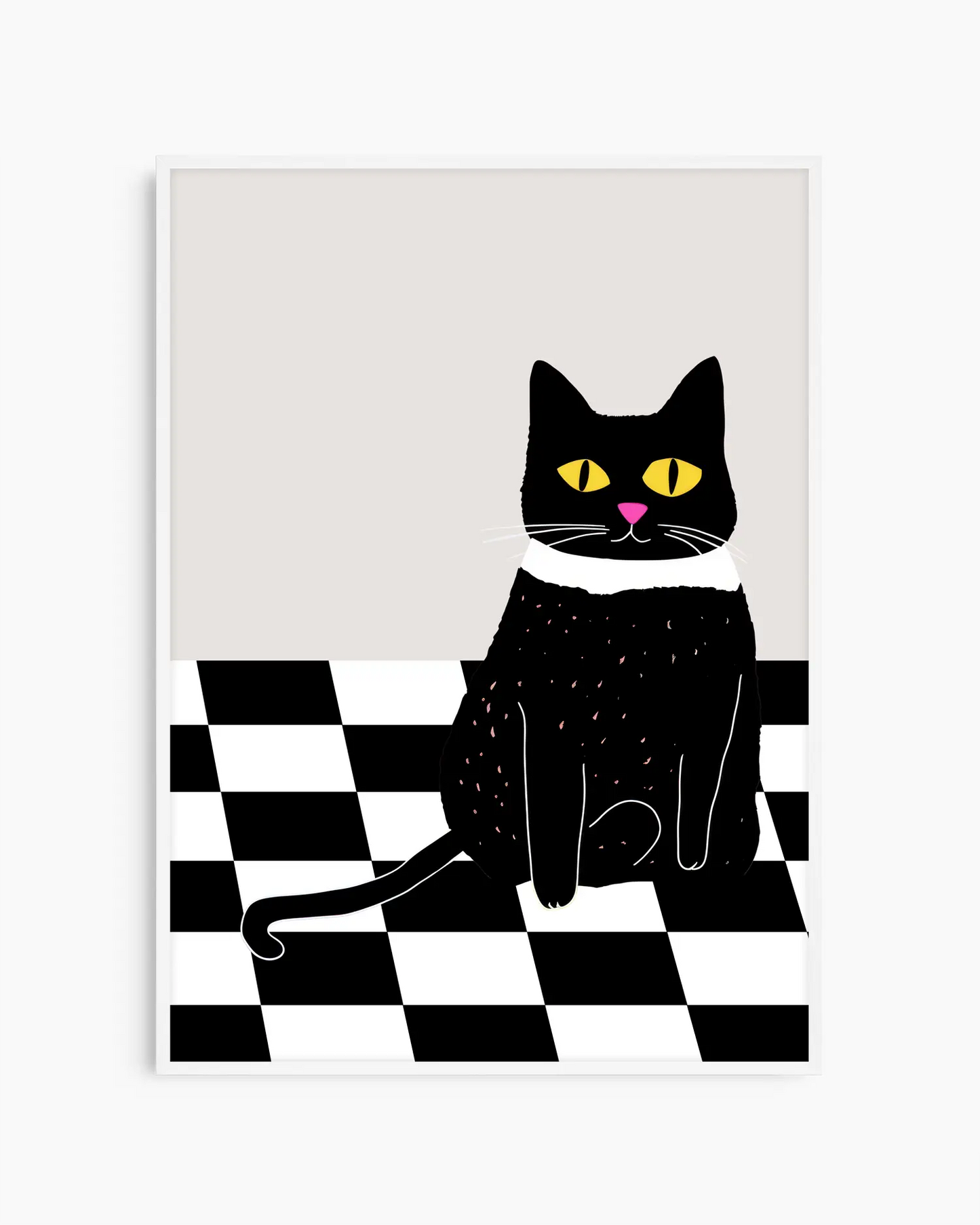Framed nursery poster of a black cat with yellow eyes and a pink nose on a checkered floor.