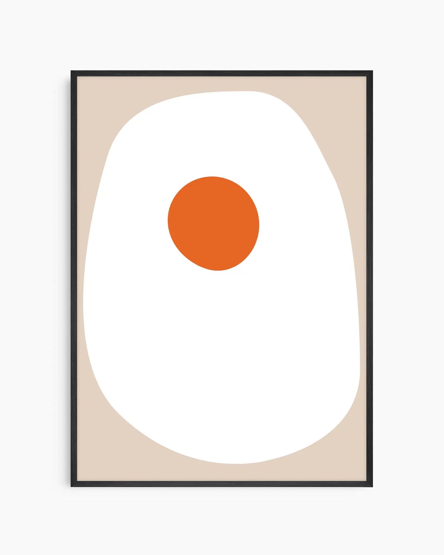 Nursery poster of a sunny side up fried egg on a beige background framed in a black frame.