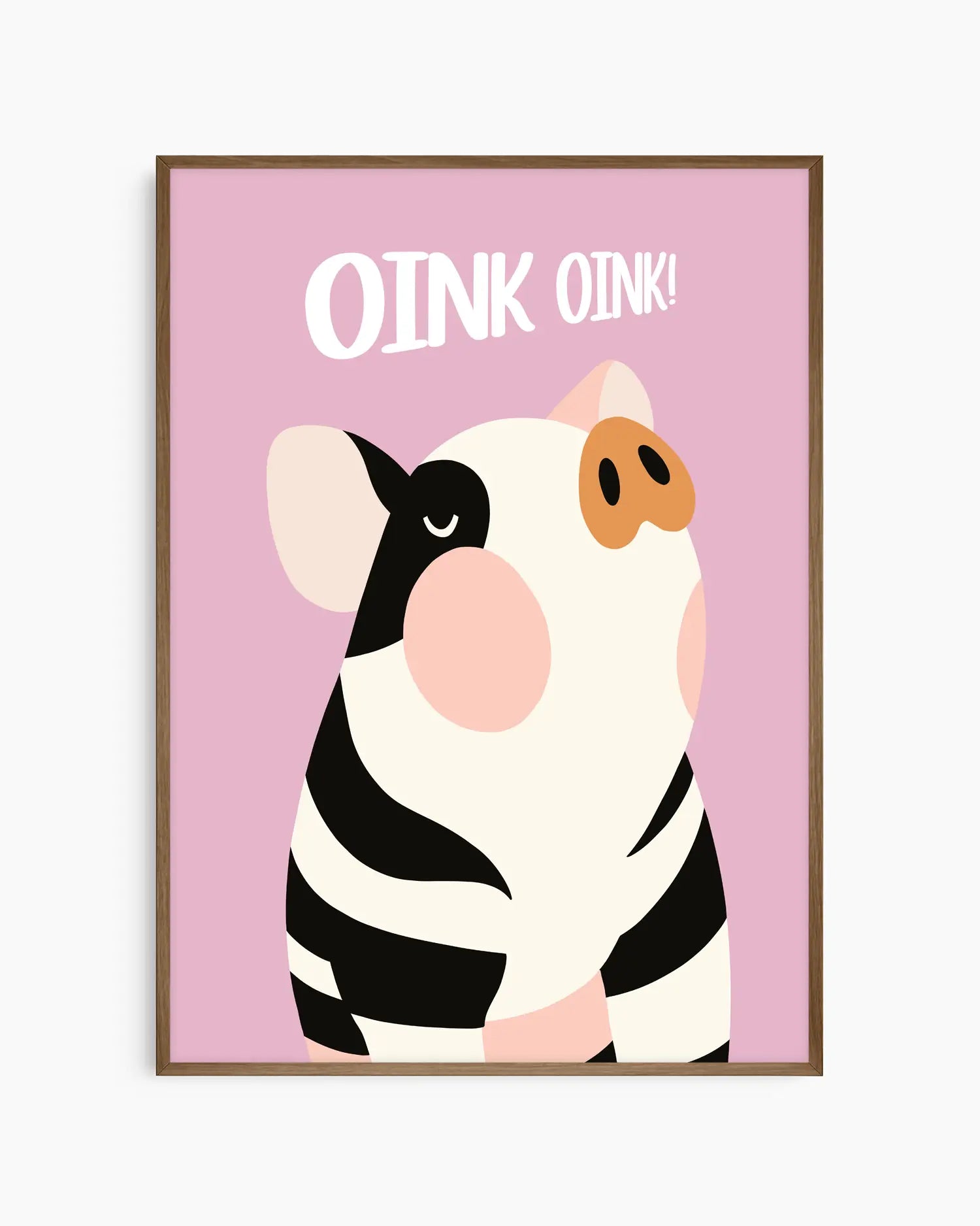 Nursery poster with a cute piglet and the text 'Oink oink!' on a pink background, framed in a dark oak frame.