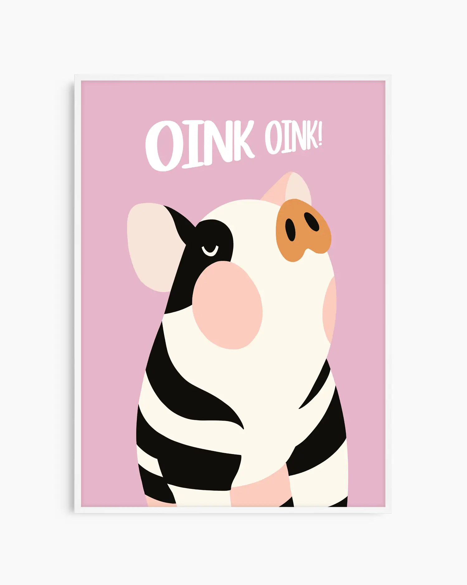 Nursery poster with a cute piglet and the text 'Oink oink!' on a pink background, framed in a white frame.