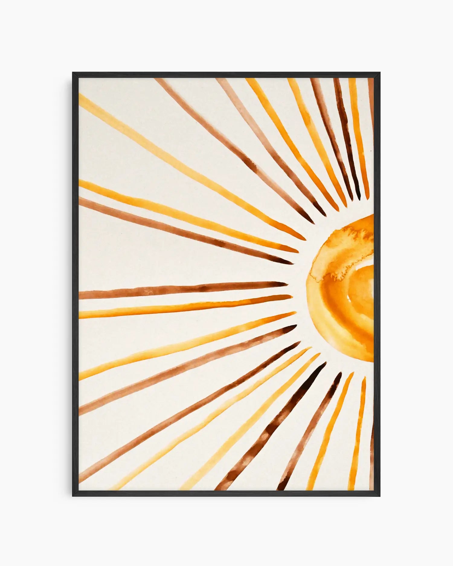 Nursery poster of sunrays in yellow, orange and brown on a white background with black frame