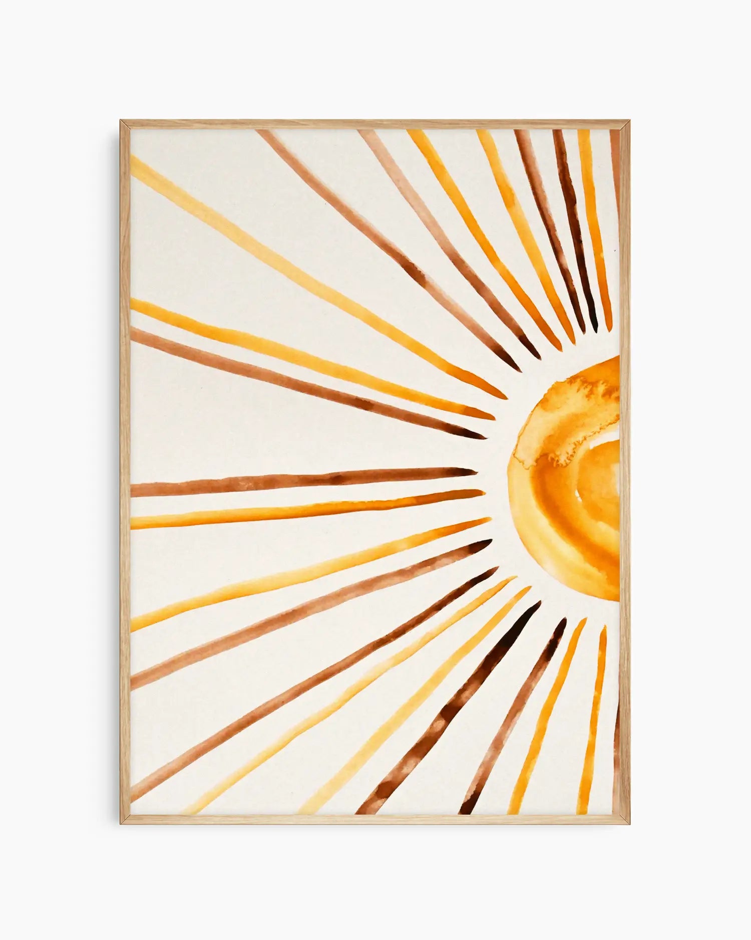 Nursery poster of sunrays in yellow, orange and brown on a white background with oak frame