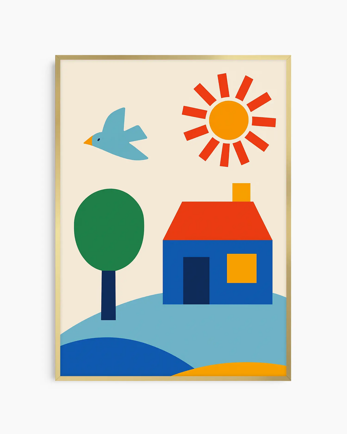 Colorful nursery poster of a house, tree, sun, and bird on a beige background framed in a gold frame