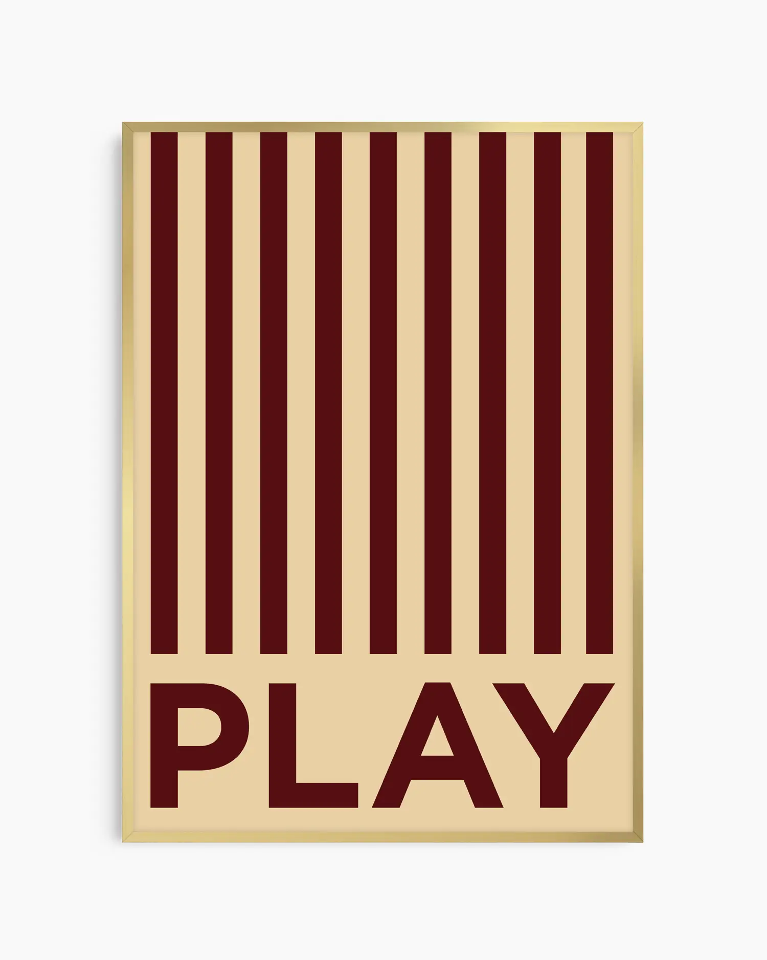 Beige nursery poster with brown stripes and the word 'PLAY' written on it framed in a gold frame