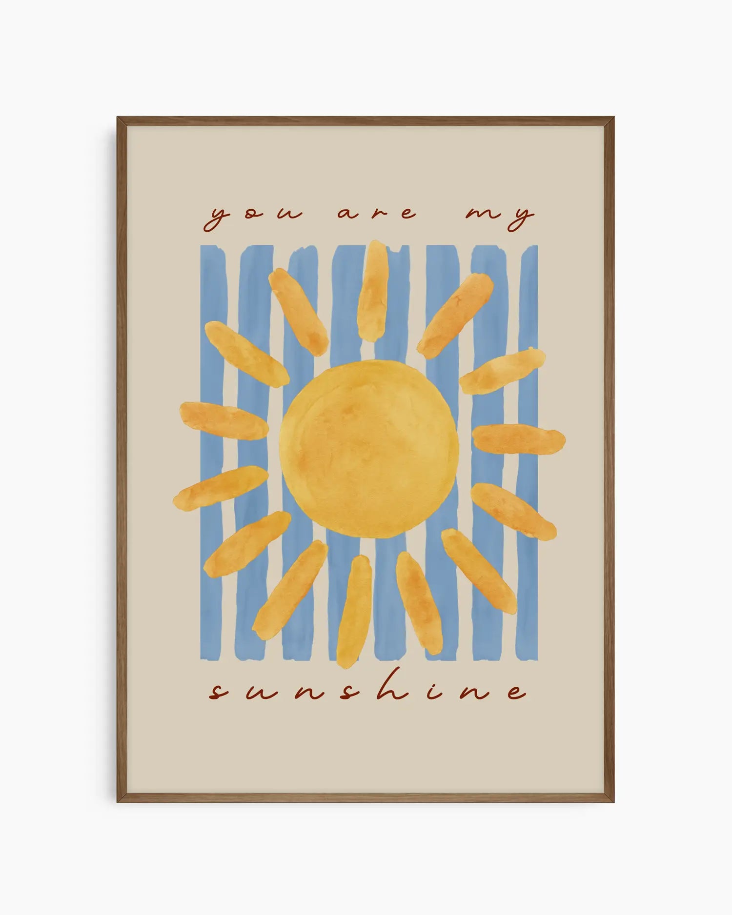 Poster with a sun illustration and 'you are my sunshine' text on a beige background. In a dark oak frame.