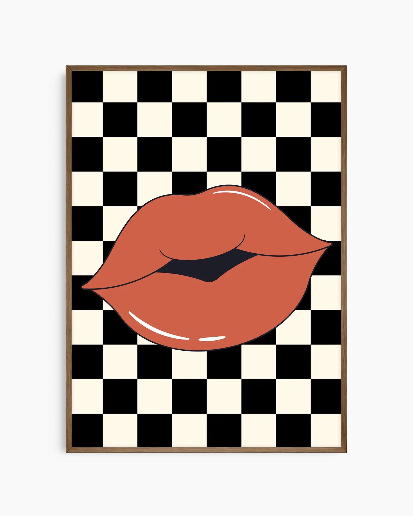 Poster with kissing red lips design on a black and white checkered background. Dark oak frame.