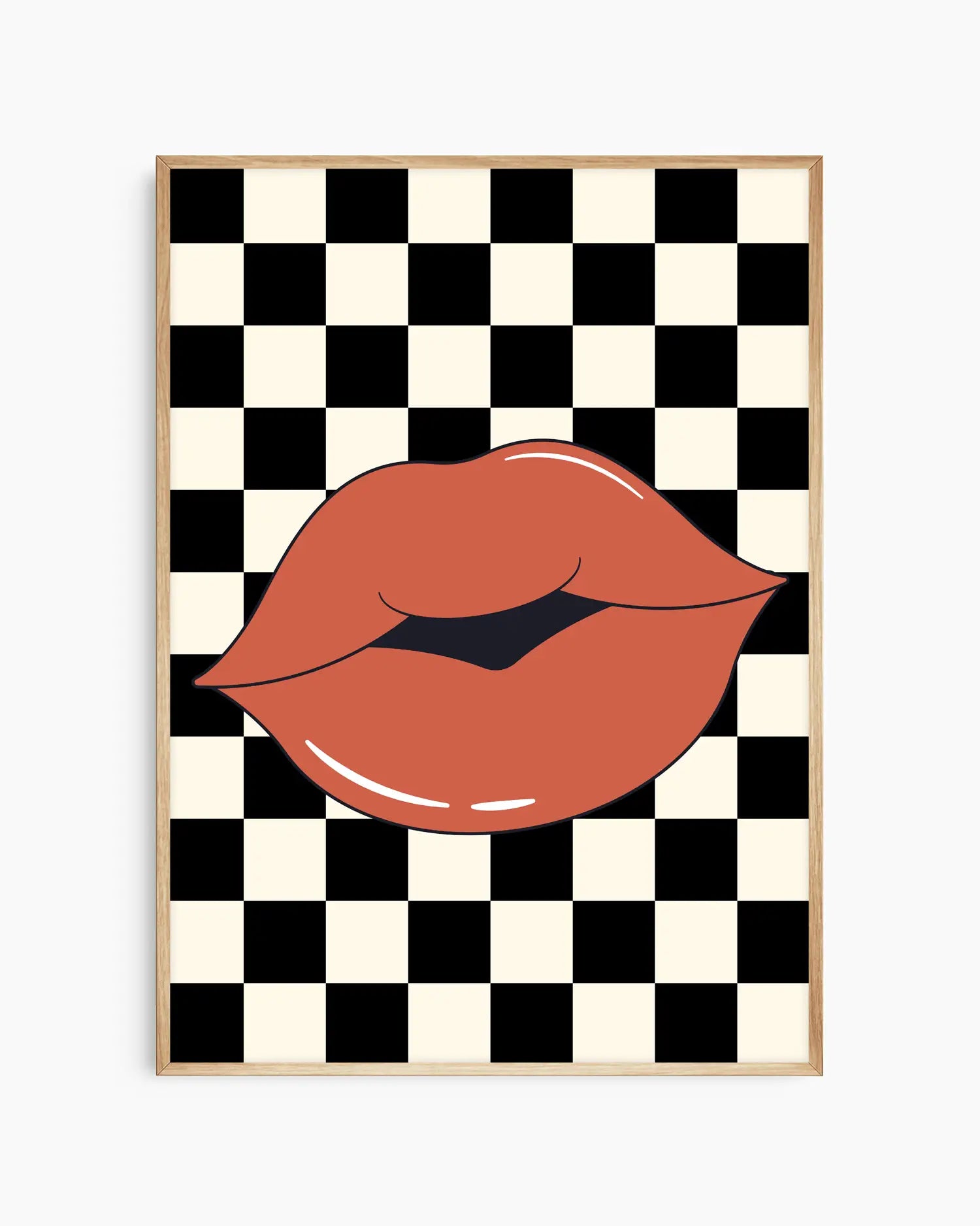 Poster with kissing red lips design on a black and white checkered background. Oak frame.