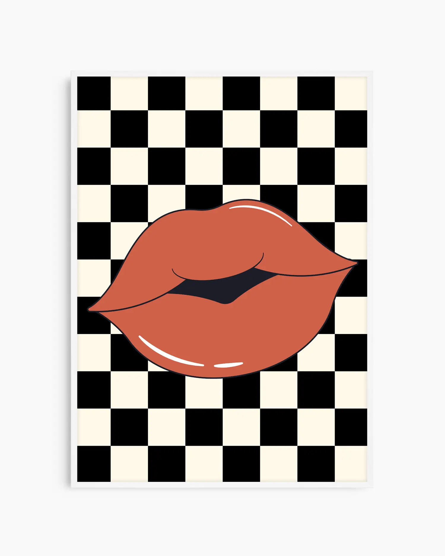 Poster with kissing red lips design on a black and white checkered background. White frame.