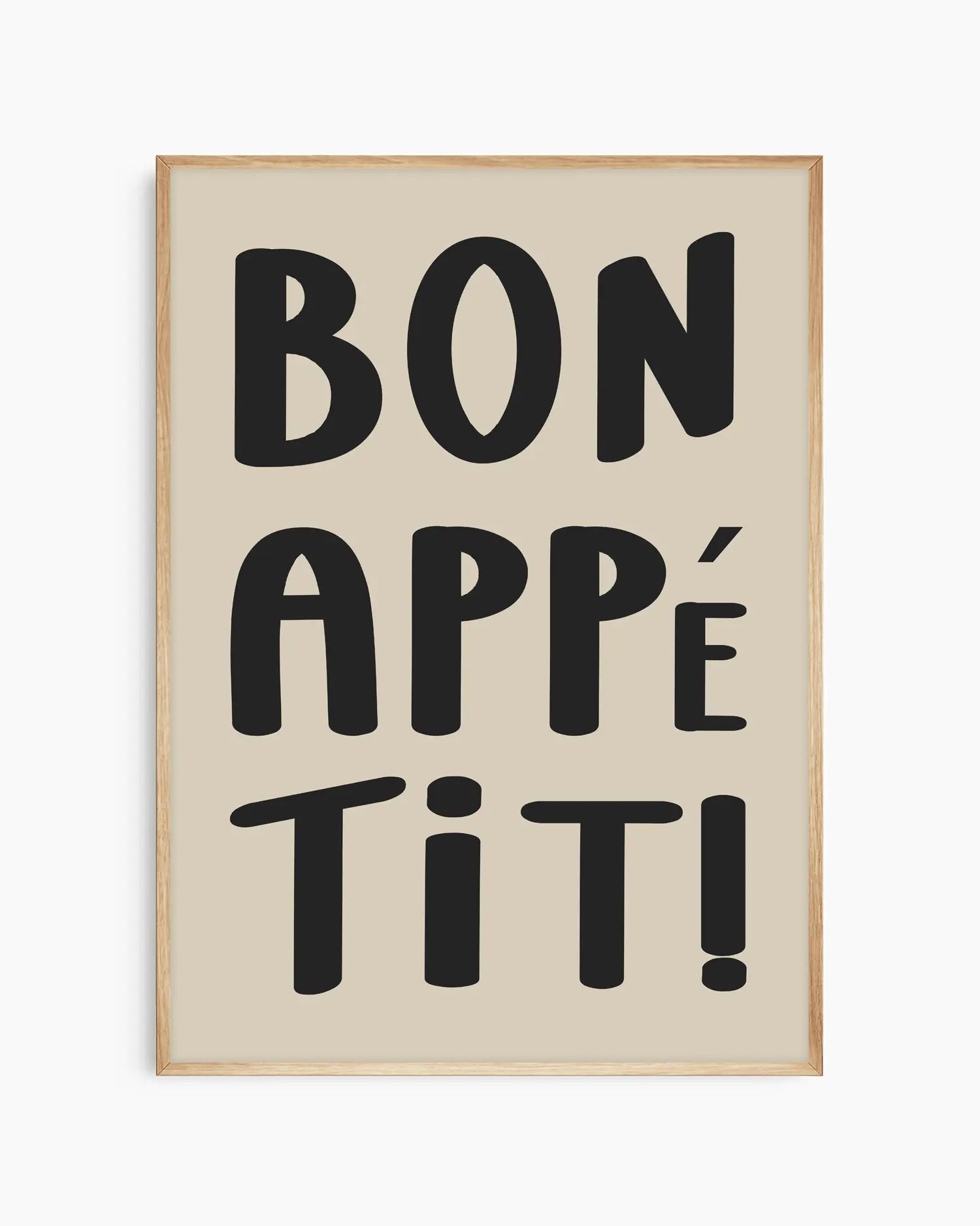 Framed artwork with 'Bon Appétit!' text on a beige background in an oak wooden frame.