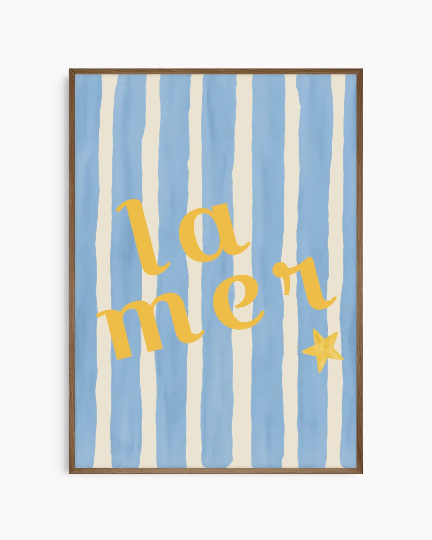 Nursery artwork with 'la mer' text on a blue and white striped background in a smoked oak wooden frame.