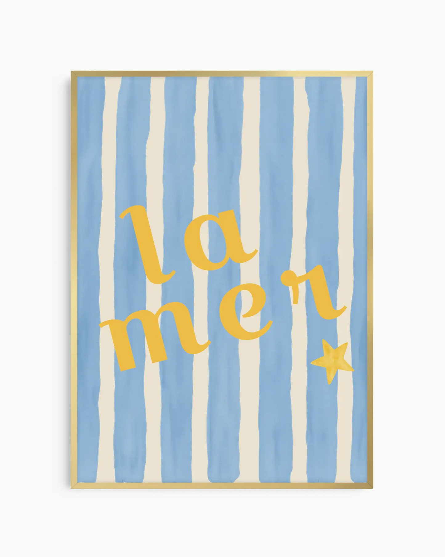 Nursery artwork with 'la mer' text on a blue and white striped background in a golden aluminium frame.