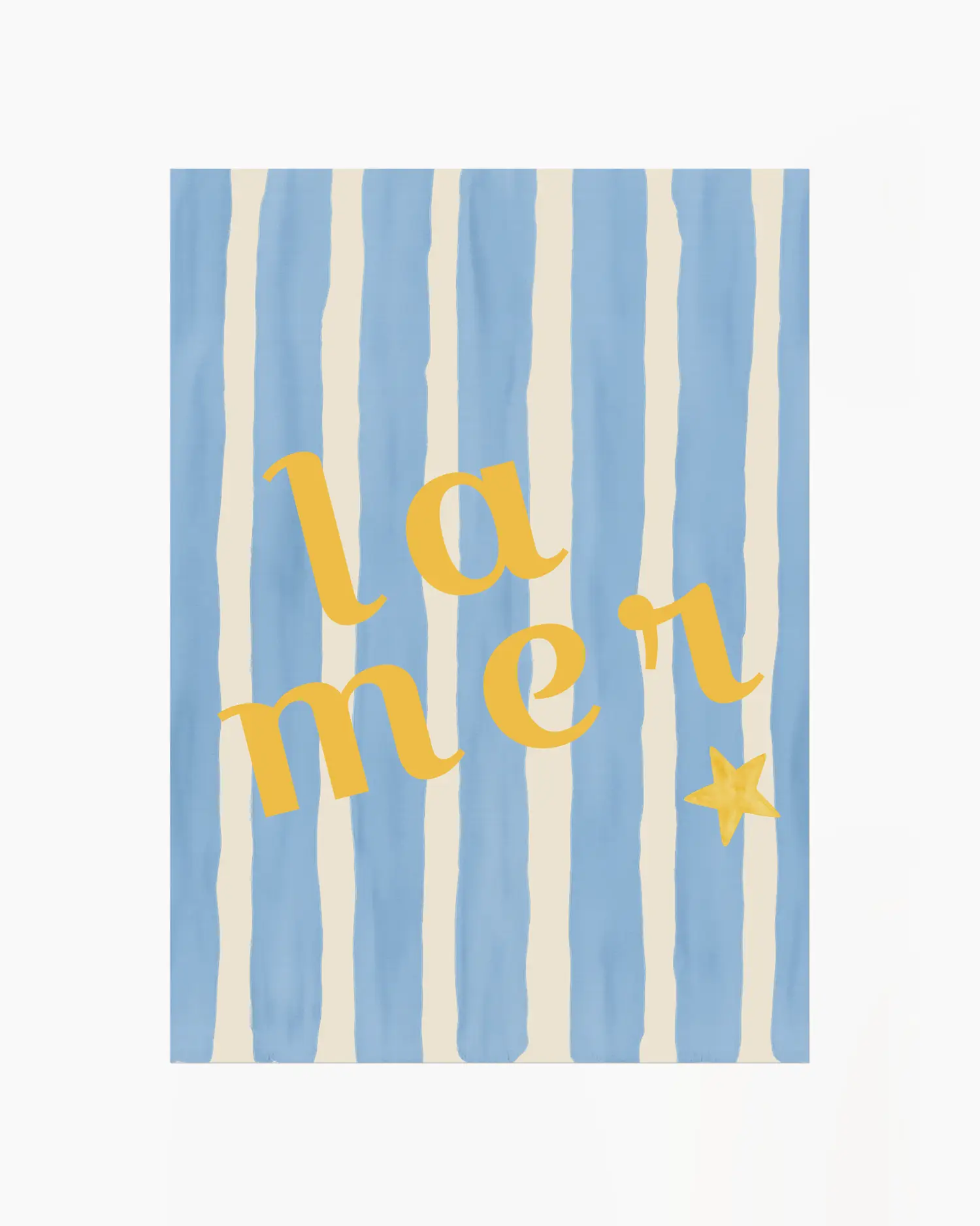 Nursery artwork with 'la mer' text on a blue and white striped background.