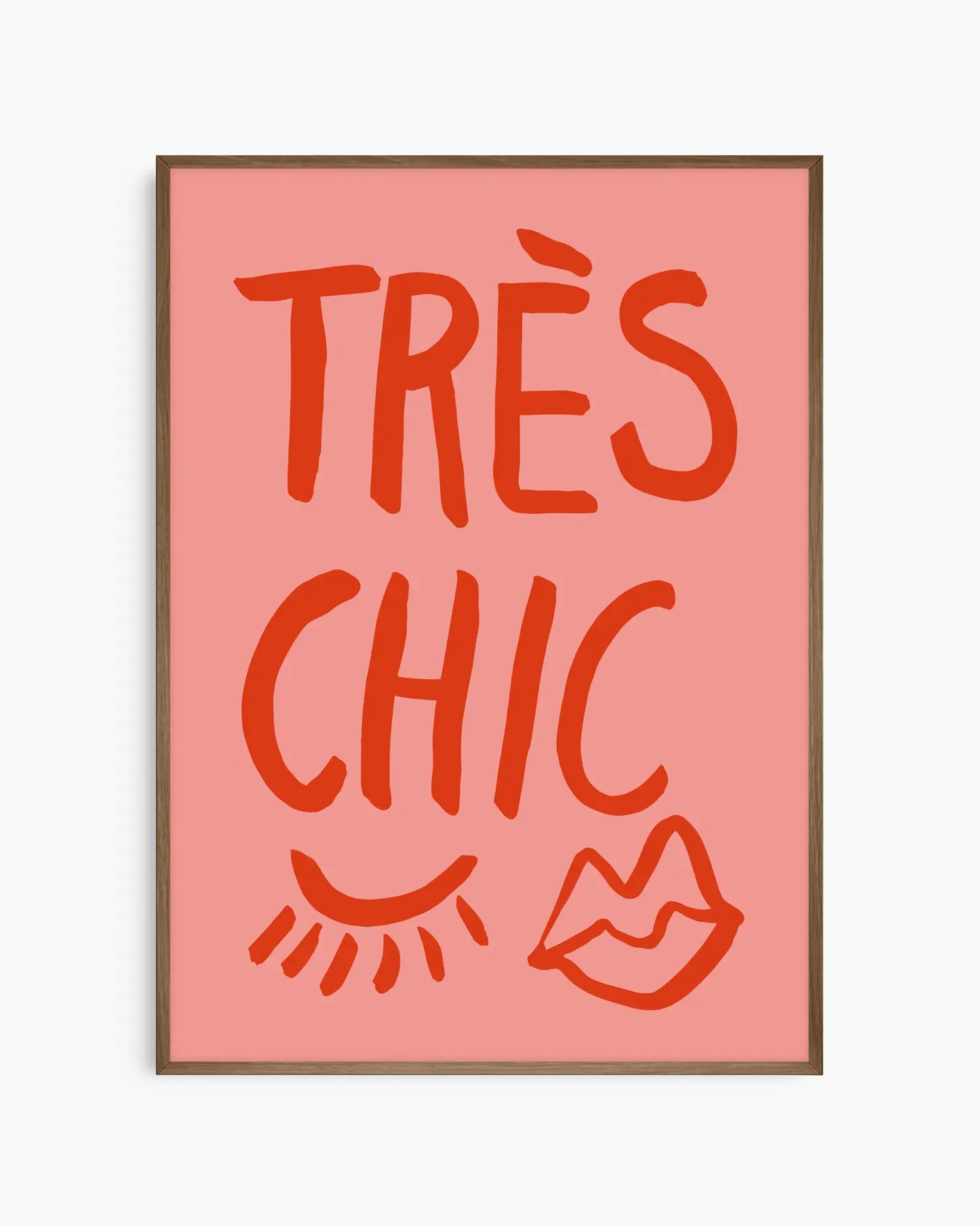 Warm, minimalist wall art in pastel red tones on a pastel red background, shown in a dark oak frame.