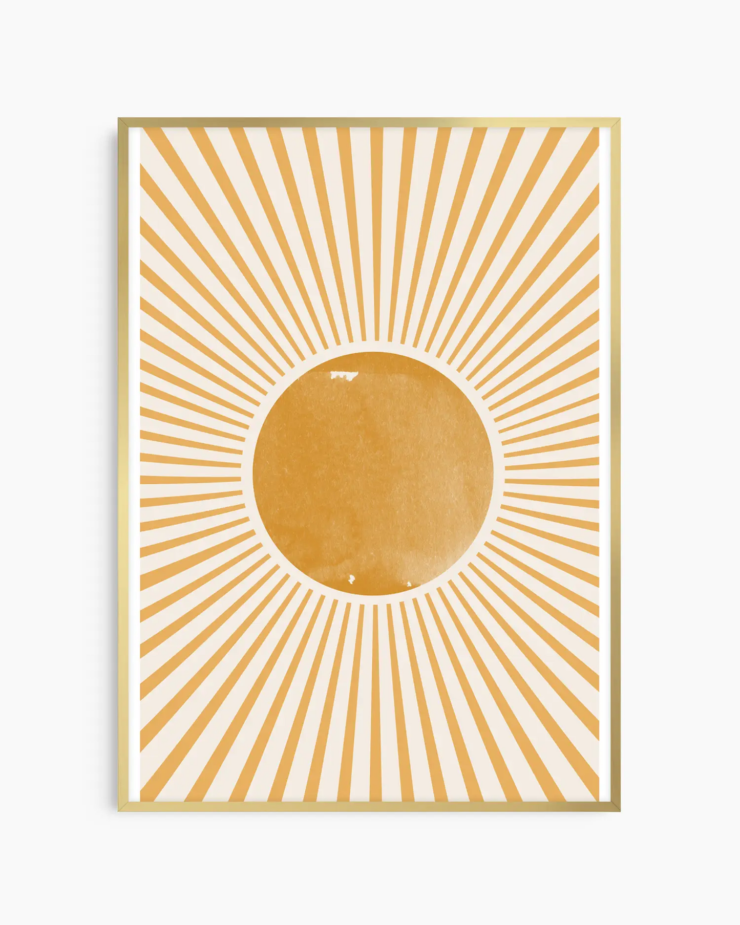 Warm, minimalist wall art in pastel golden yellow tones on a pastel golden yellow background, shown in a gold frame.