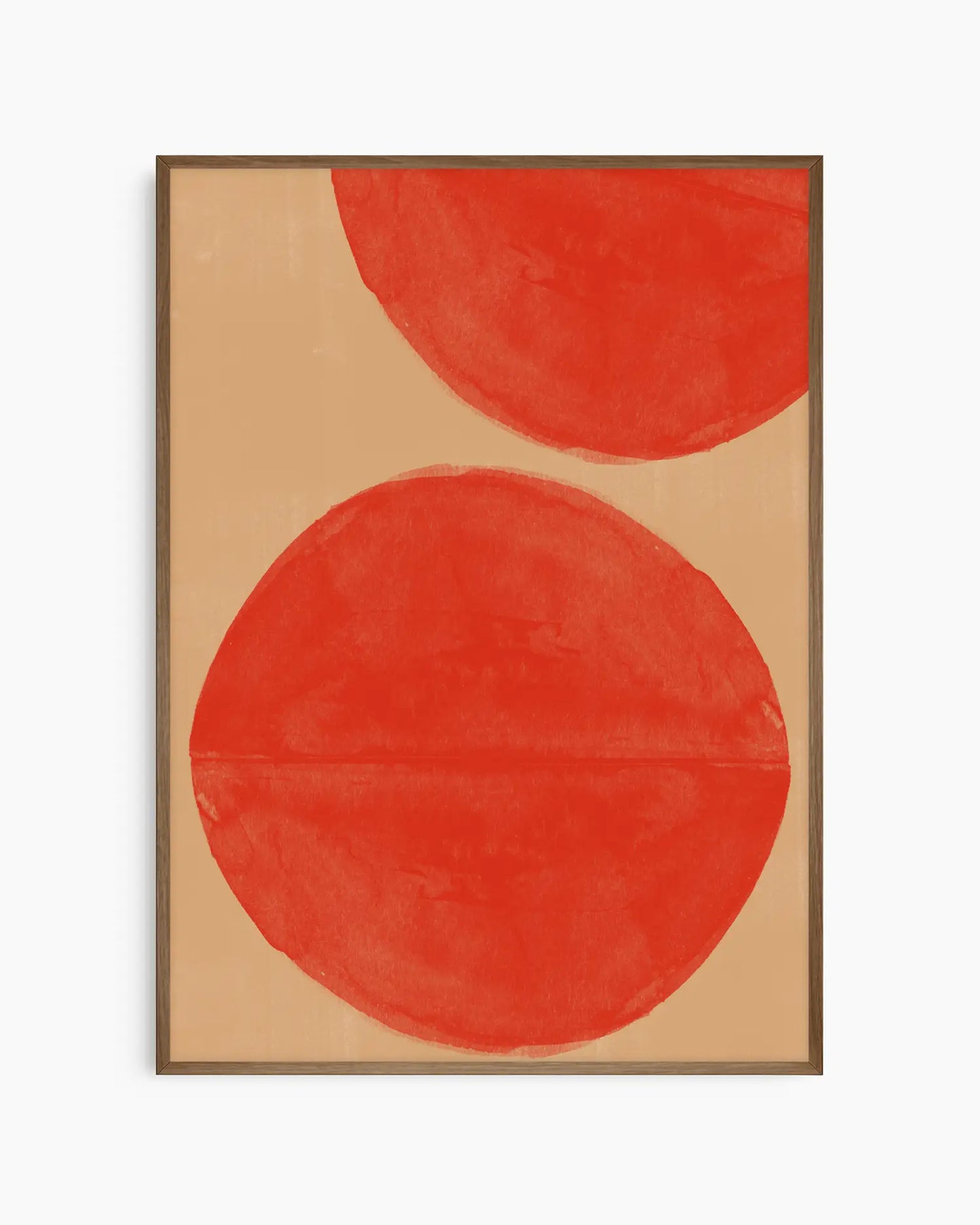 Warm, minimalist wall art in bright red tones on a bright red background, shown in a dark oak frame.