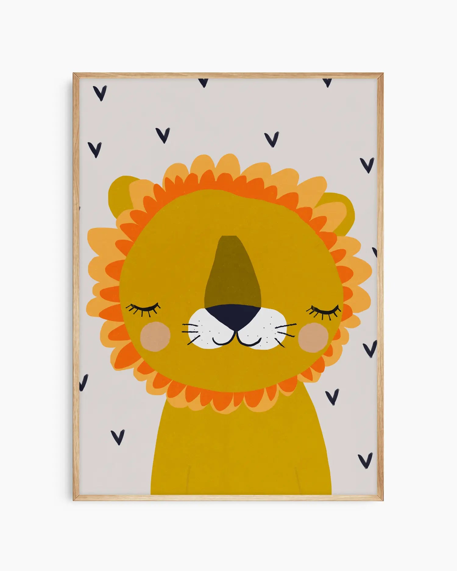 Framed artwork of a cartoon lion with a yellow body and orange mane on a white background with black heart patterns.
