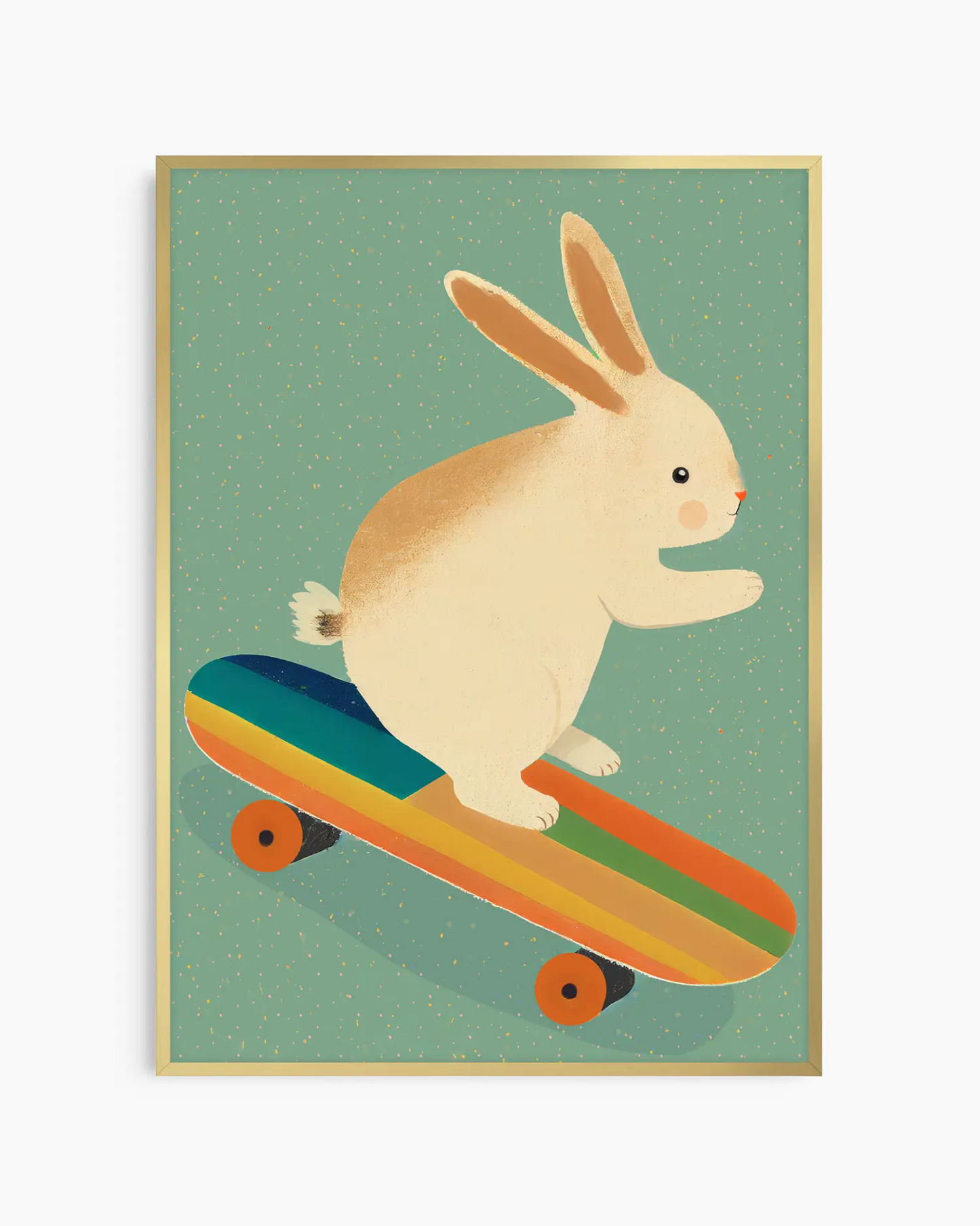Framed artwork of a rabbit riding a rainbow skateboard on a green background