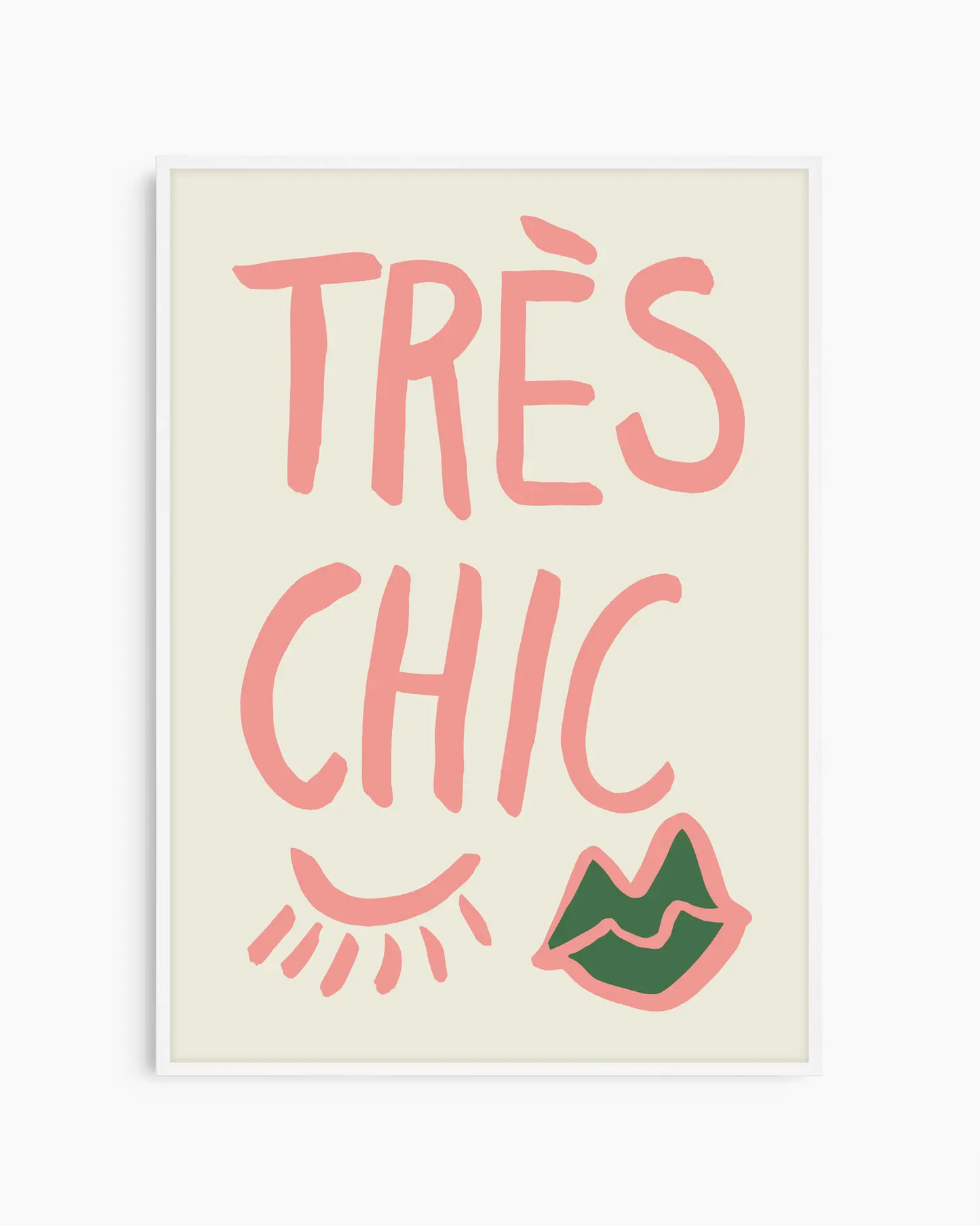 Framed artwork with 'Très Chic' text and decorative elements on a beige background