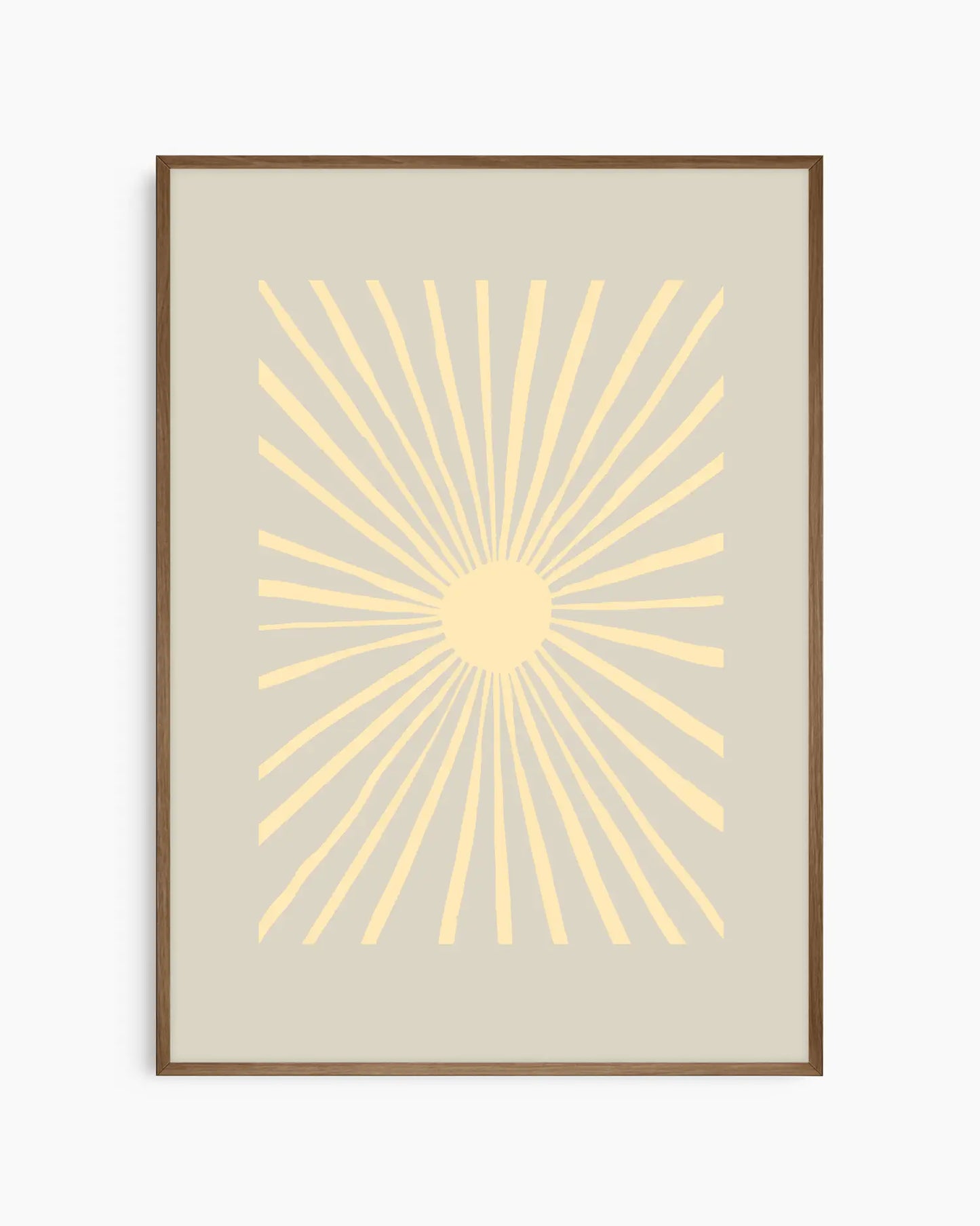 Framed artwork with a yellow sunburst design on a beige background