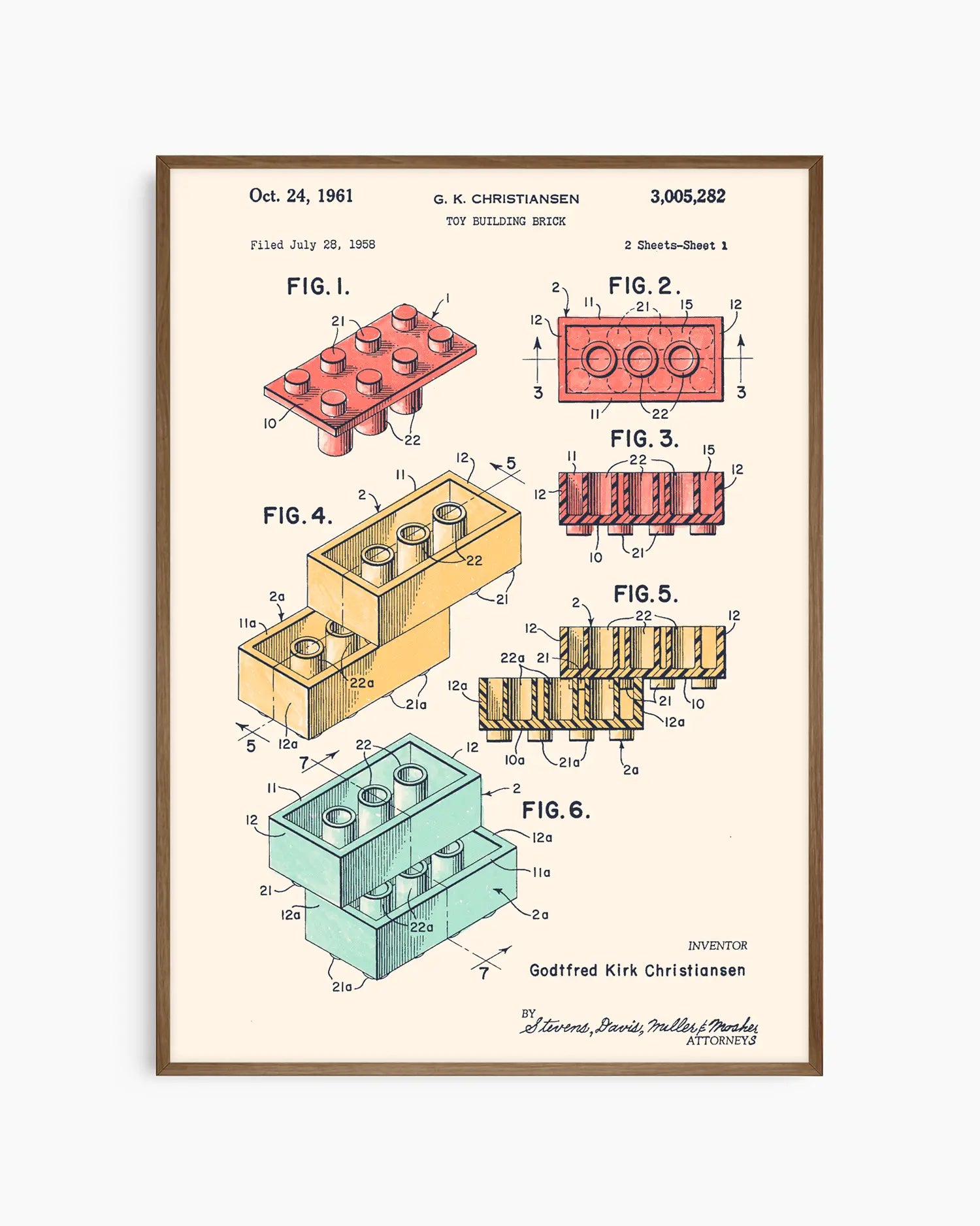 Framed poster of a toy building block patent illustration on a white background